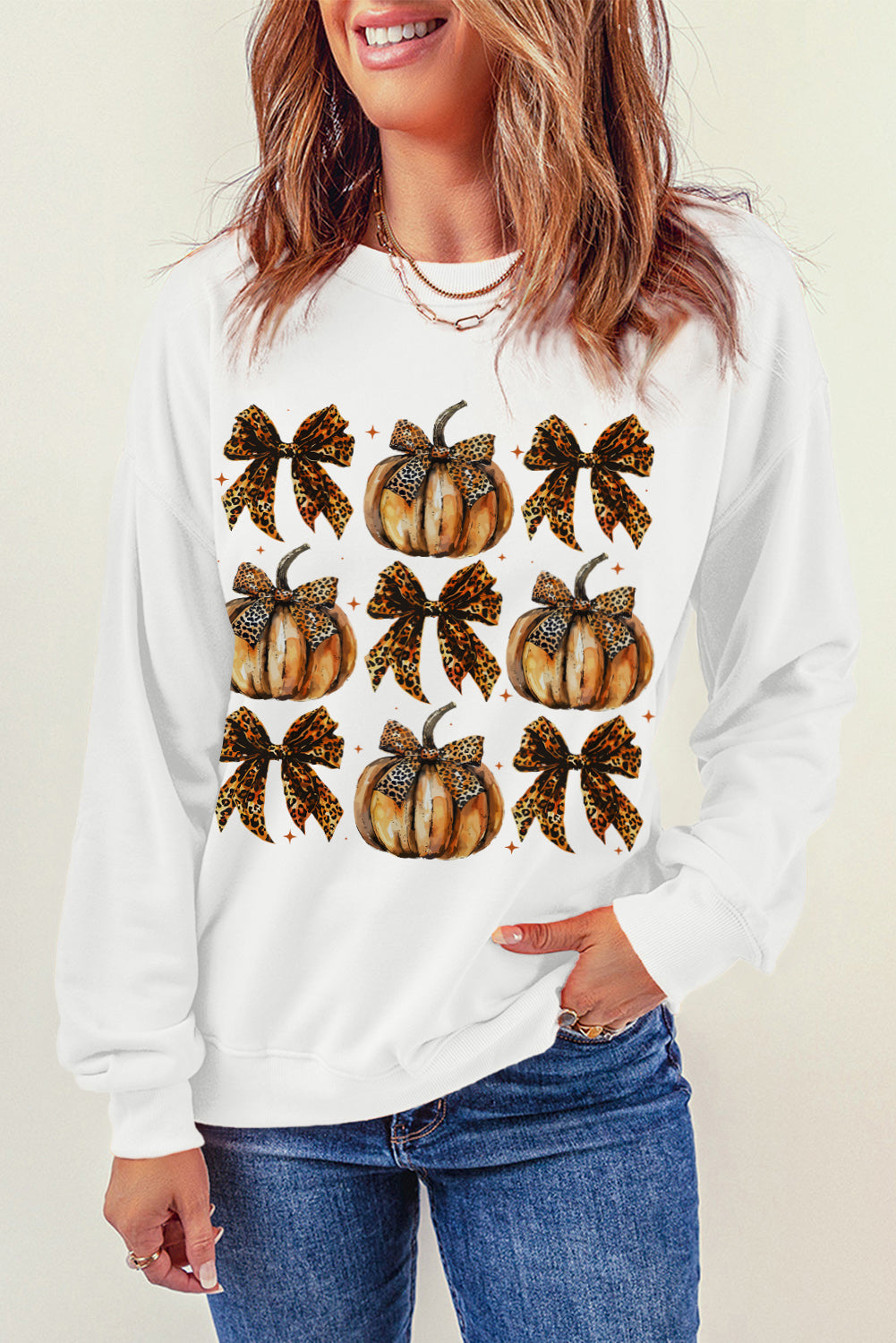 Pumpkin Leopard Bow Knot Print Pullover Sweatshirt