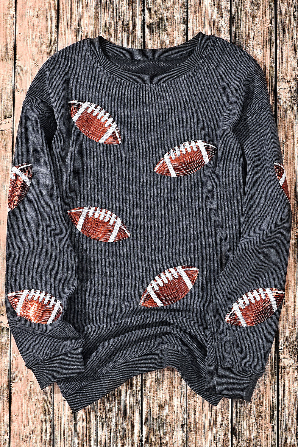 Gray Sequin Football Graphic Corded Baggy Sweatshirt