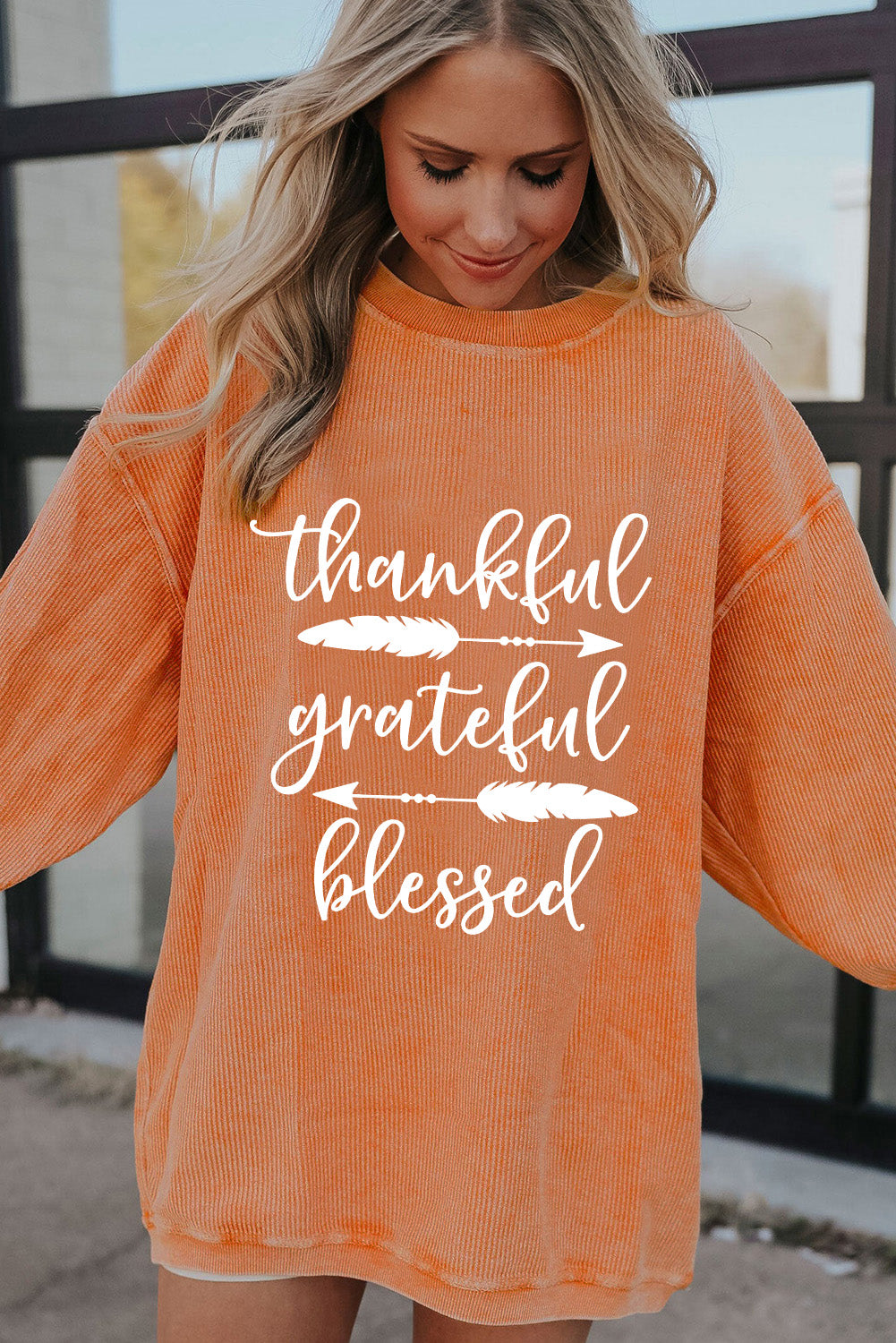 Thankful Grateful Blessed Arrow Graphic Corded Sweatshirt