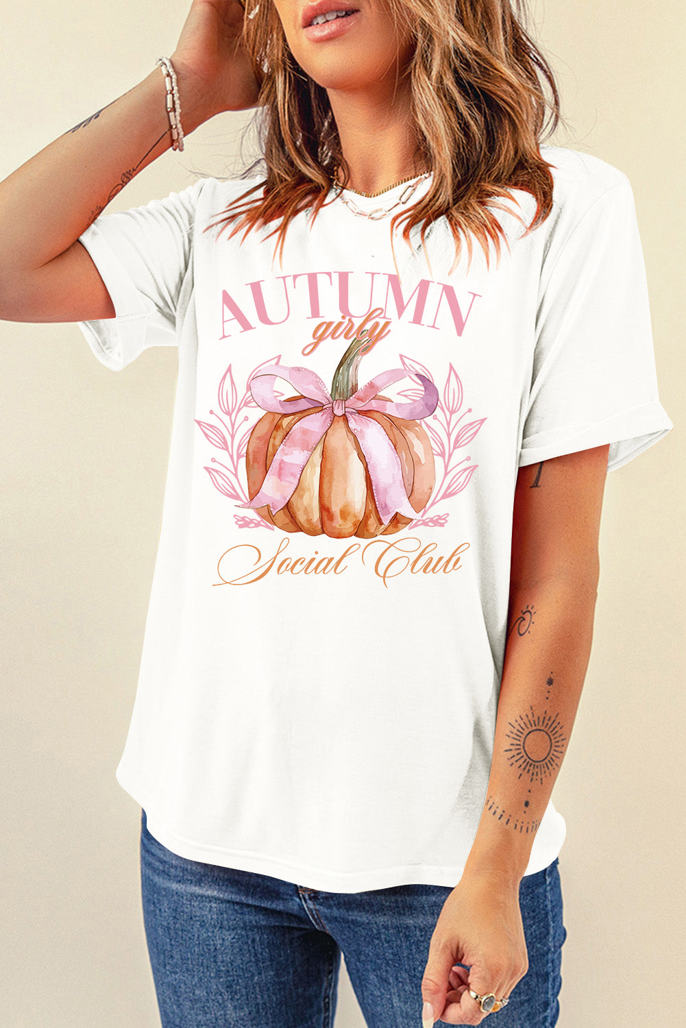 Autumn Girly Thanksgiving Bowknot Pumpkin Graphic T Shirt