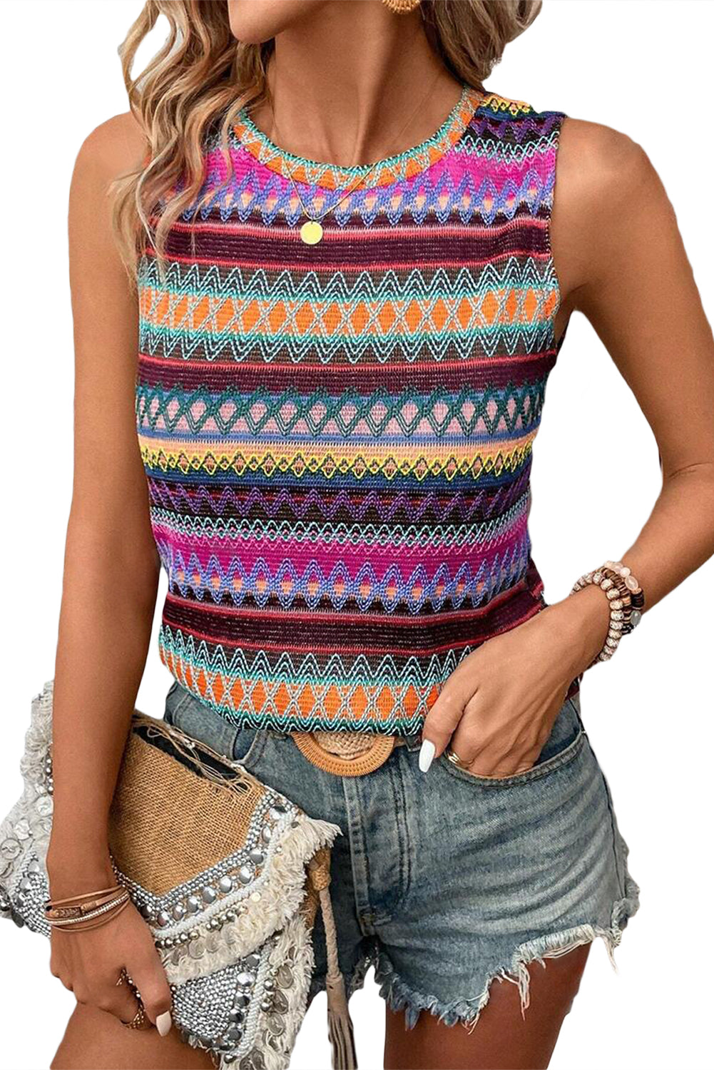 Purple Ethnic Wavy Pattern Round Neck Sleeveless Top