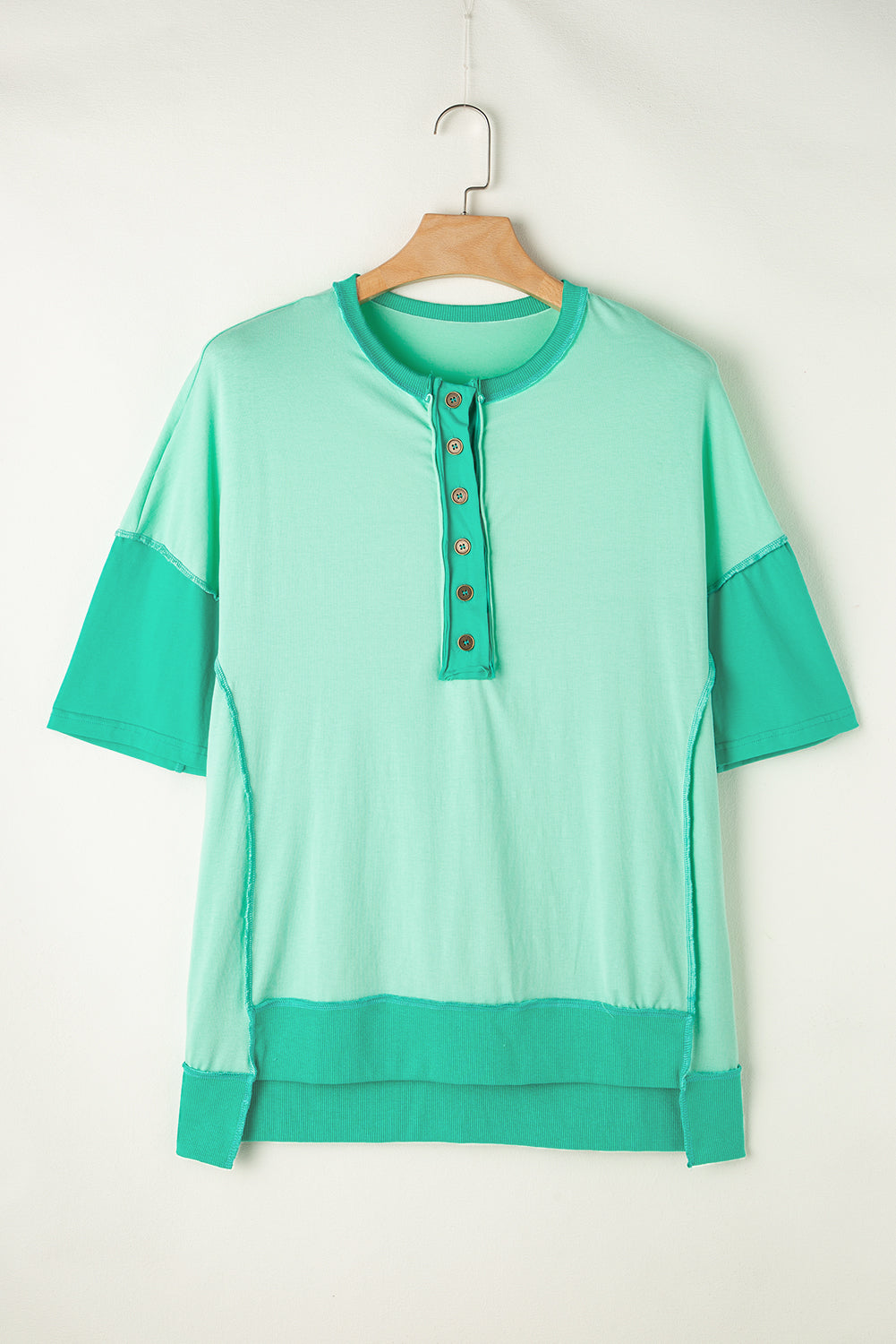 Contrast Color Patchwork Half Button T Shirt