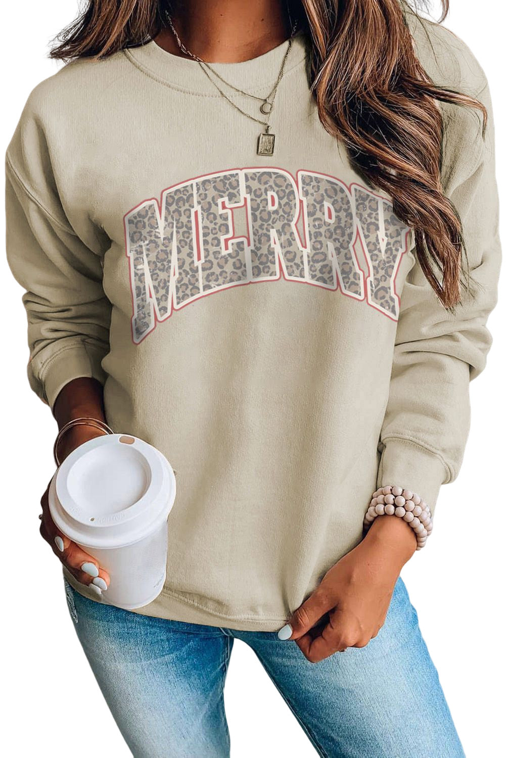 MERRY Leopard Print Long Sleeve Graphic Sweatshirt