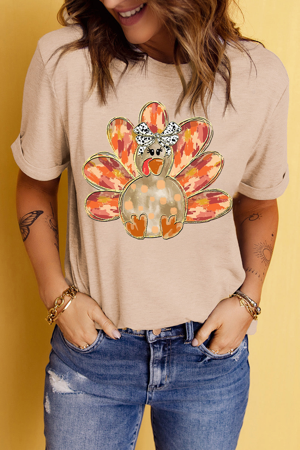 Thanksgiving Bowknot Turkey Graphic Crewneck Tee