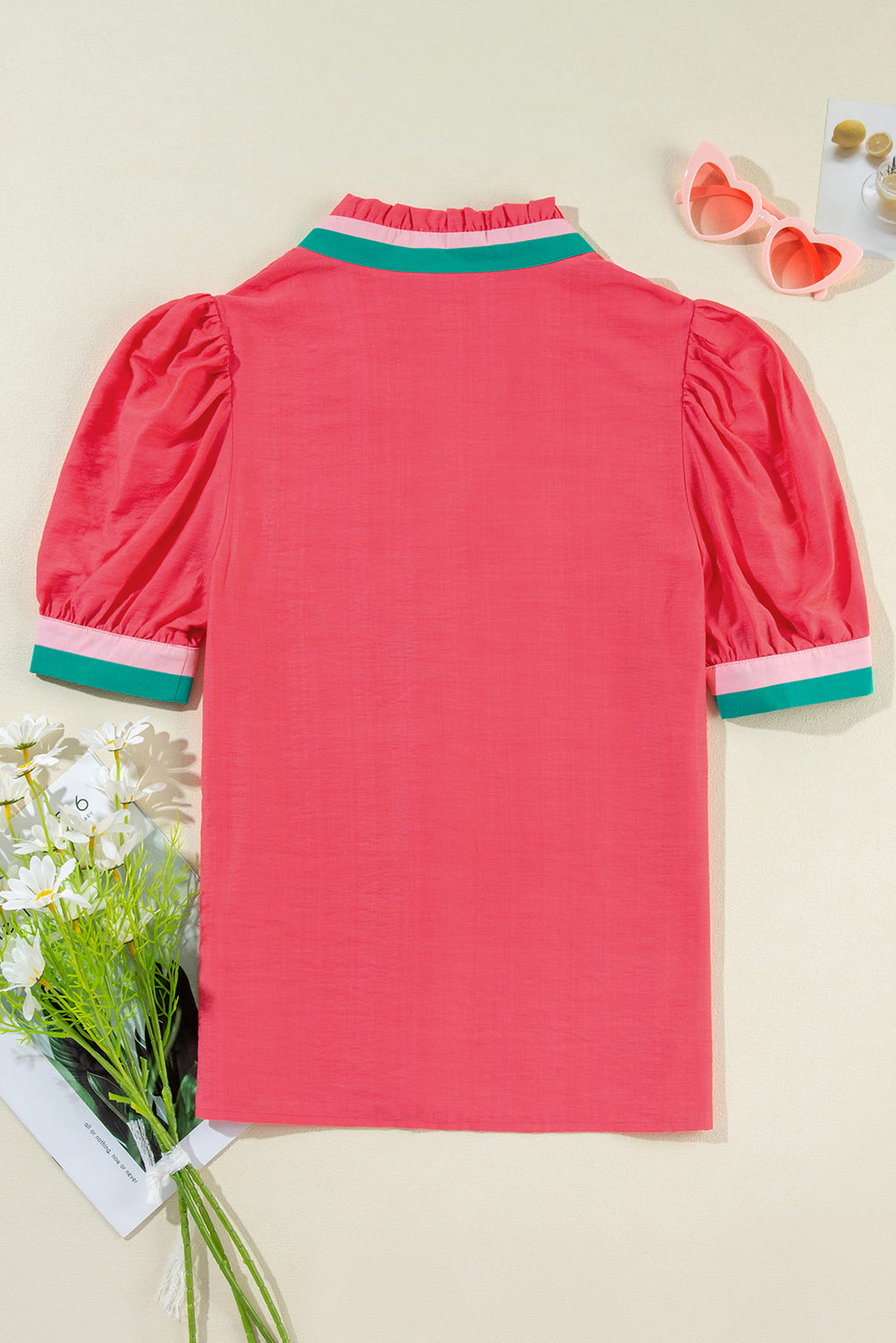 Colorful Trim V Neck Short Sleeve Blouse