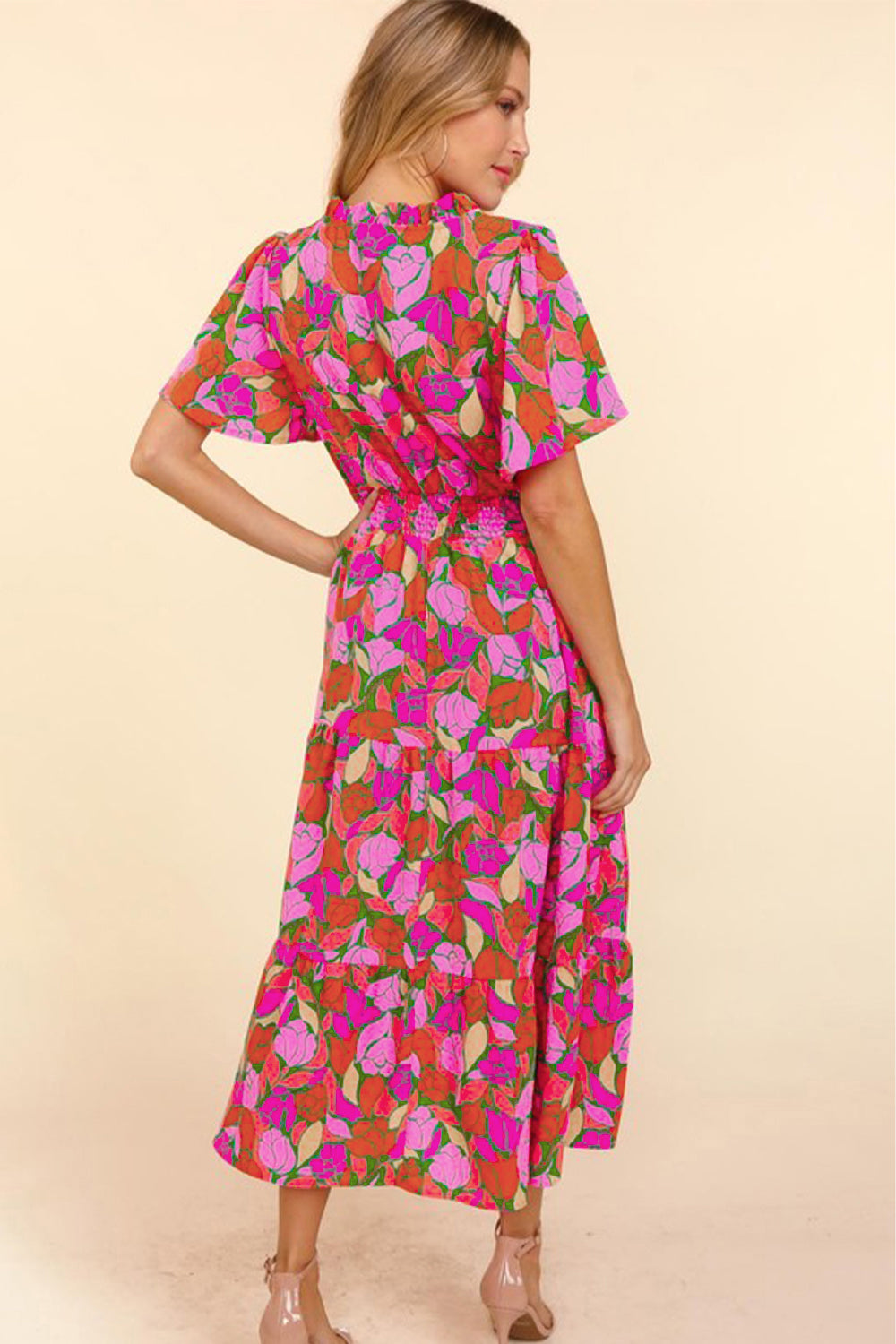 Pink Floral Short Sleeve Smocked Waist Maxi Dress