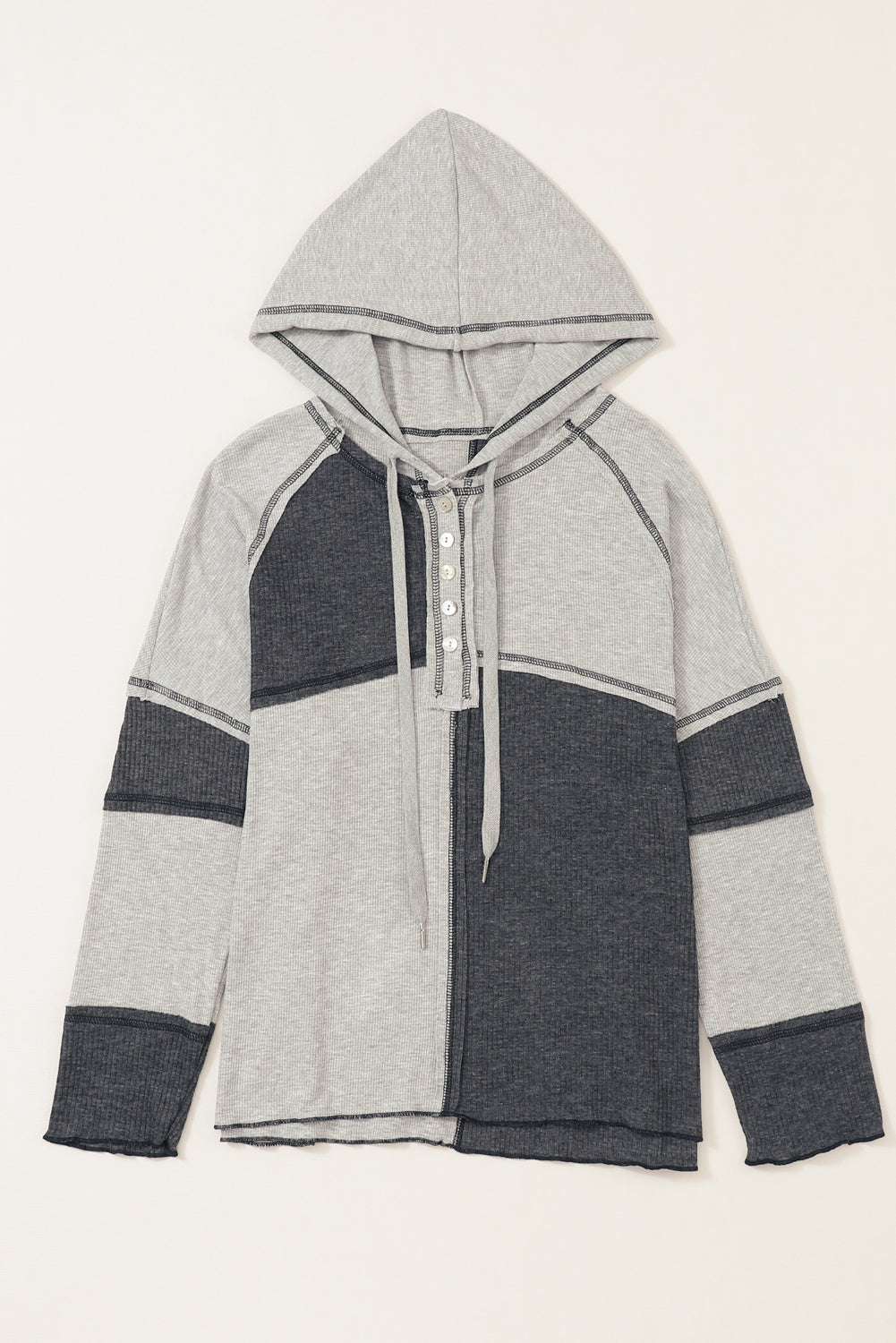 Multicolor Colorblock Seamed Ribbed Henley Hoodie