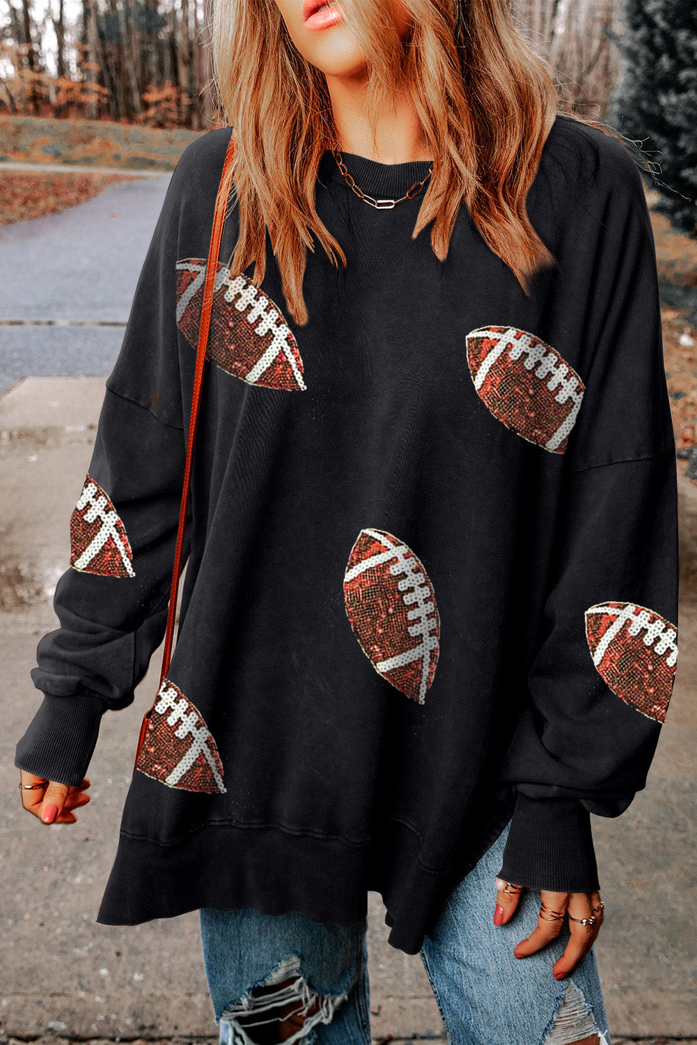 Black Football Print Side Split Loose Fit Sweatshirt