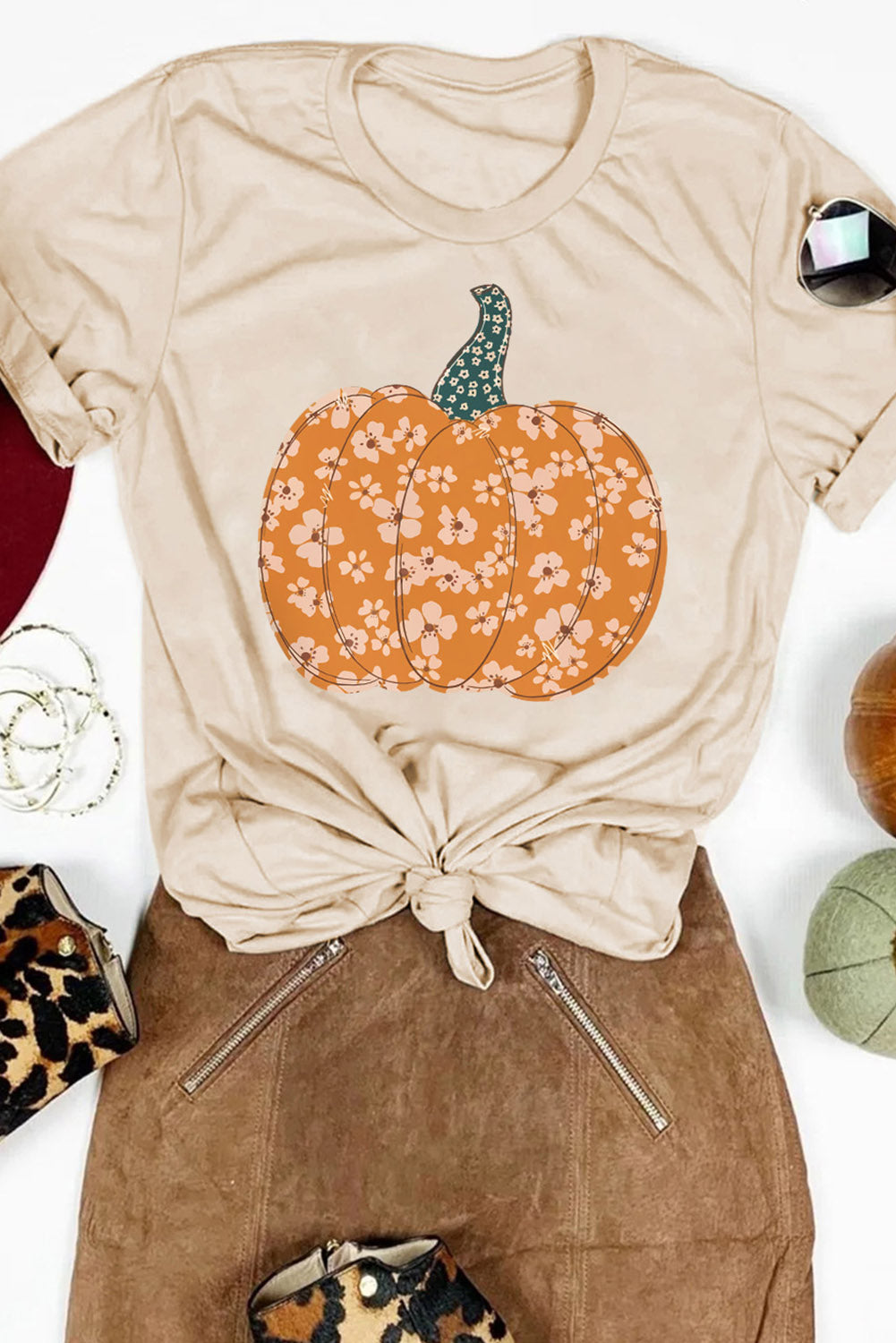 Khaki Sweet Floral Pumpkin Graphic Tee