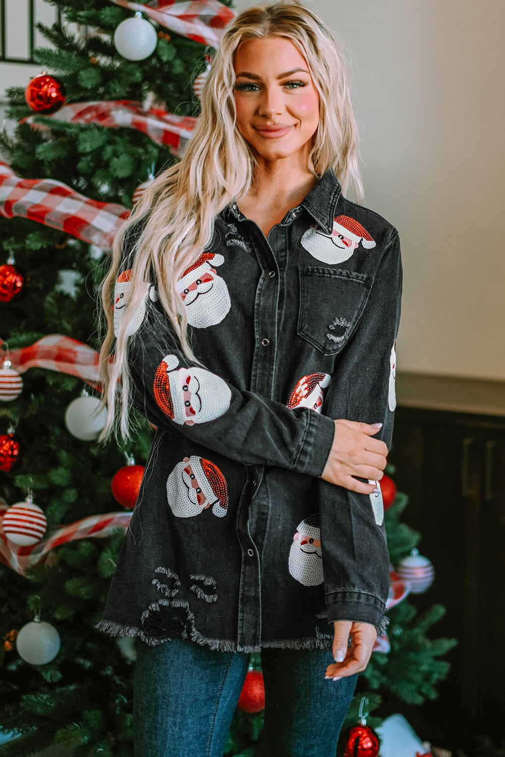 Sequined Santa Claus Graphic Frayed Denim Jacket