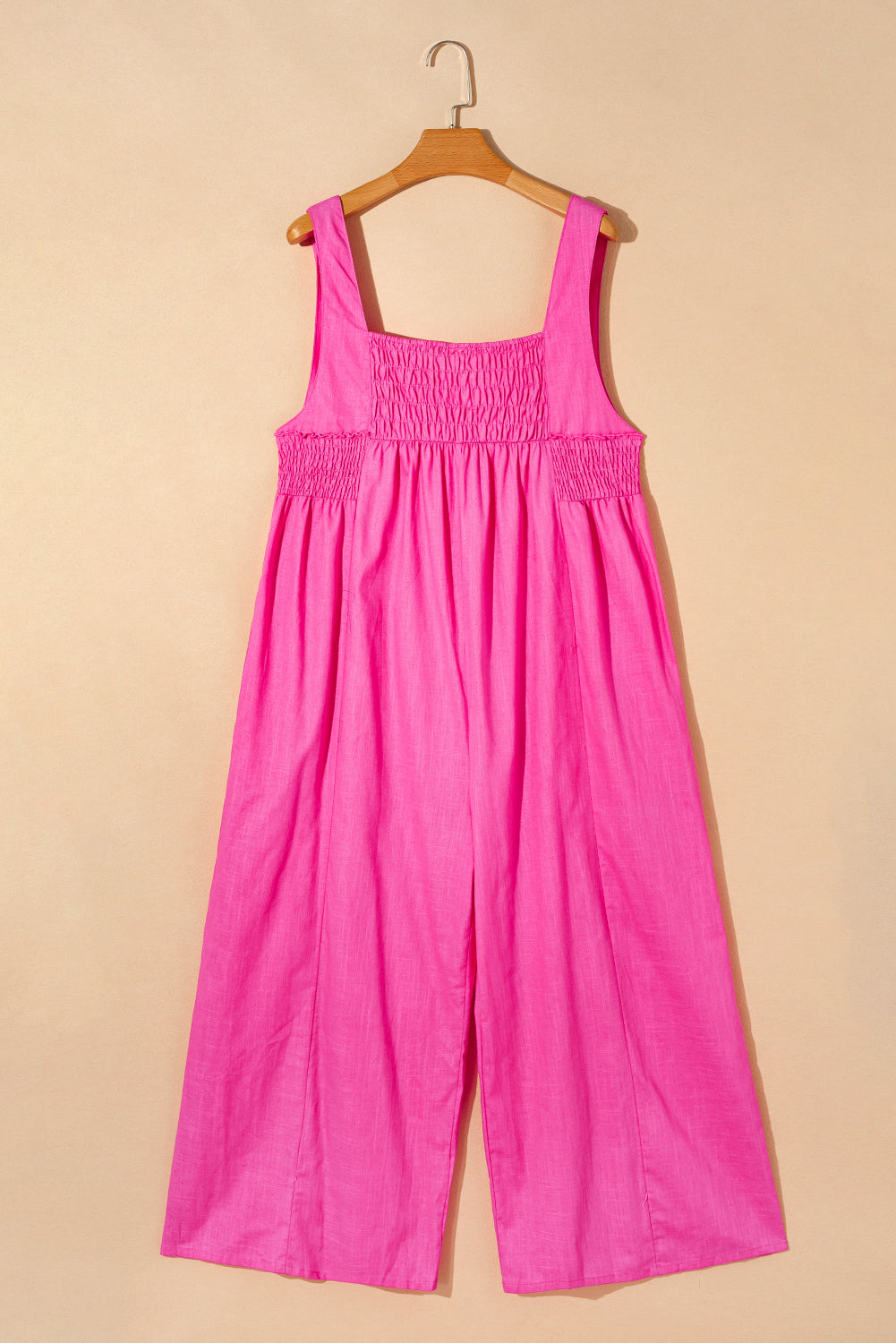 Strawberry Pink Wide Straps Smocked Detail Wide Leg Overalls