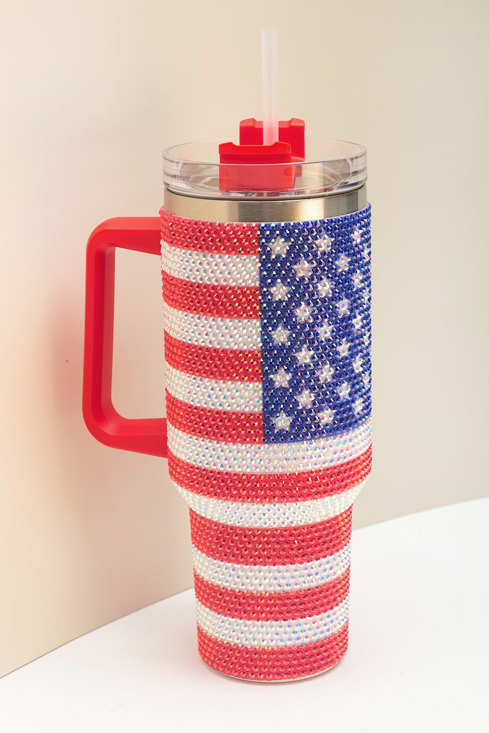 Rhinestone American Flag Print Handled 40oz Thermos Tumbler