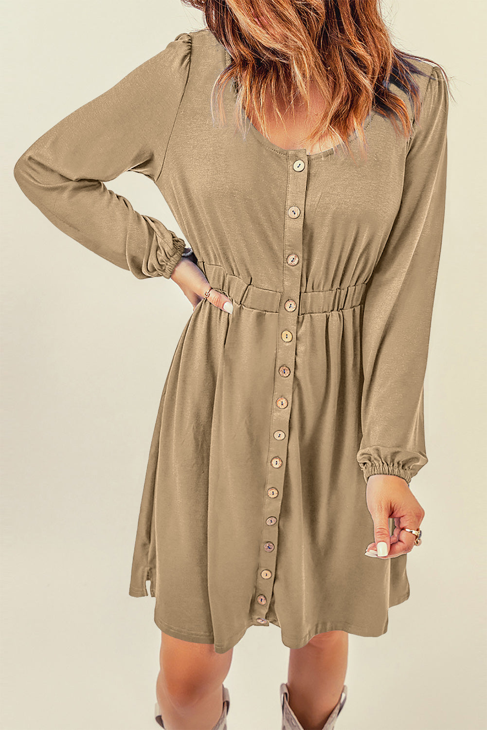 Green Button Up High Waist Long Sleeve Dress