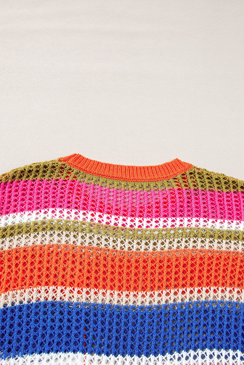 Striped Colorblock Hollowed Crochet 3/4 Sleeve Sweater