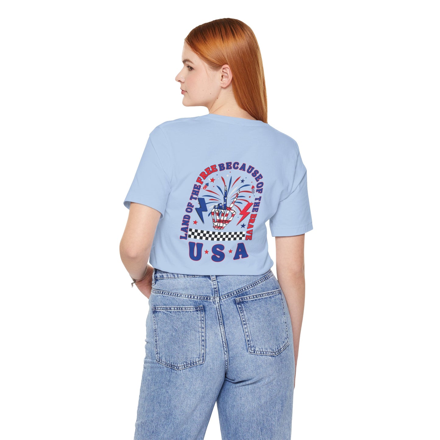 Patriotic Skeleton Peace Hand (Front & Back) Unisex Jersey Short Sleeve Tee