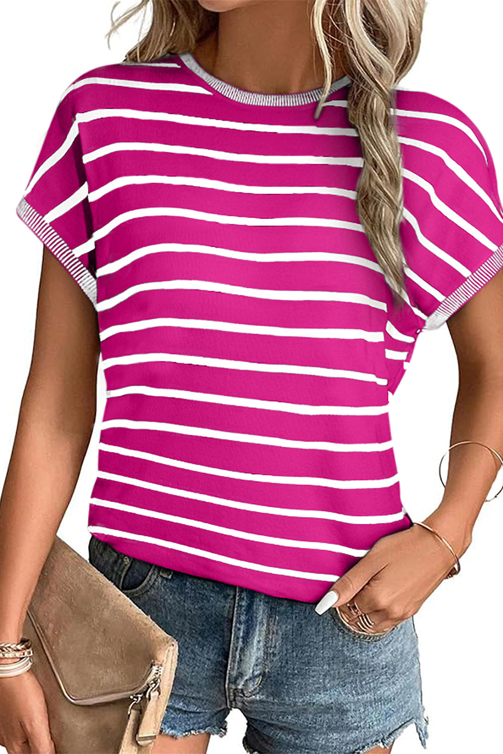 Striped Knitted Bat Sleeve T Shirt