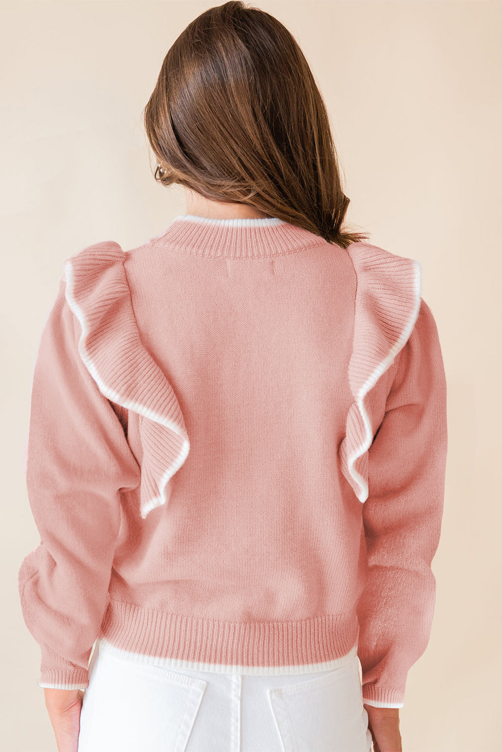 Ruffled Bowknot Ribbed Trim Long Sleeve Sweater