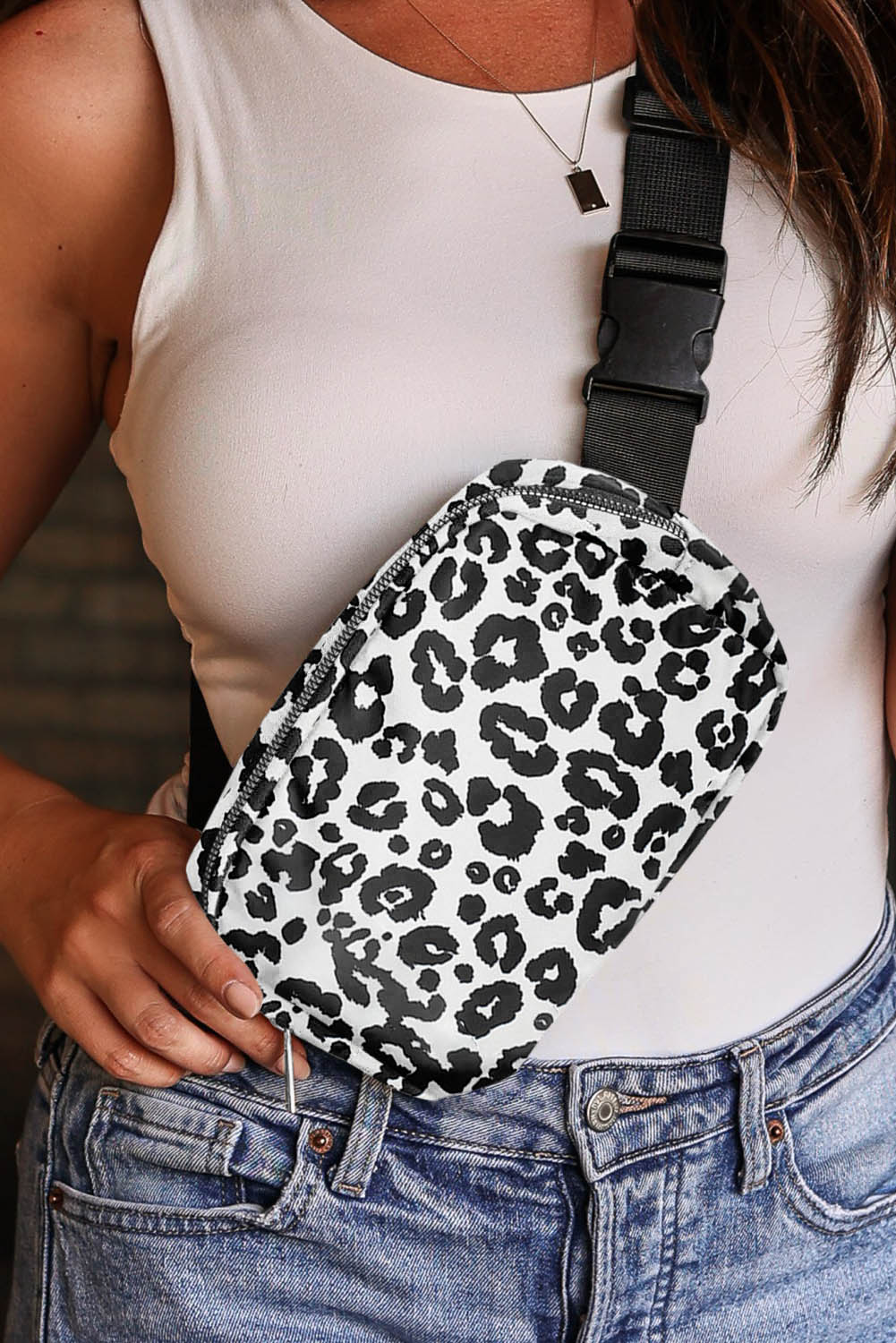 Black Leopard Print Buckle Canvas Chest Bag