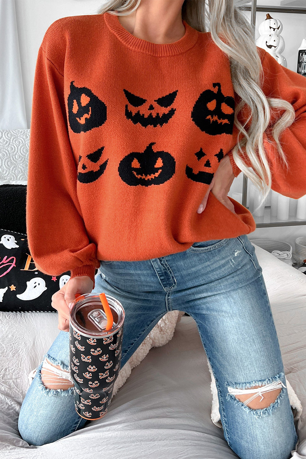 Halloween Pumpkin Face Pattern Drop Shoulder Sweater