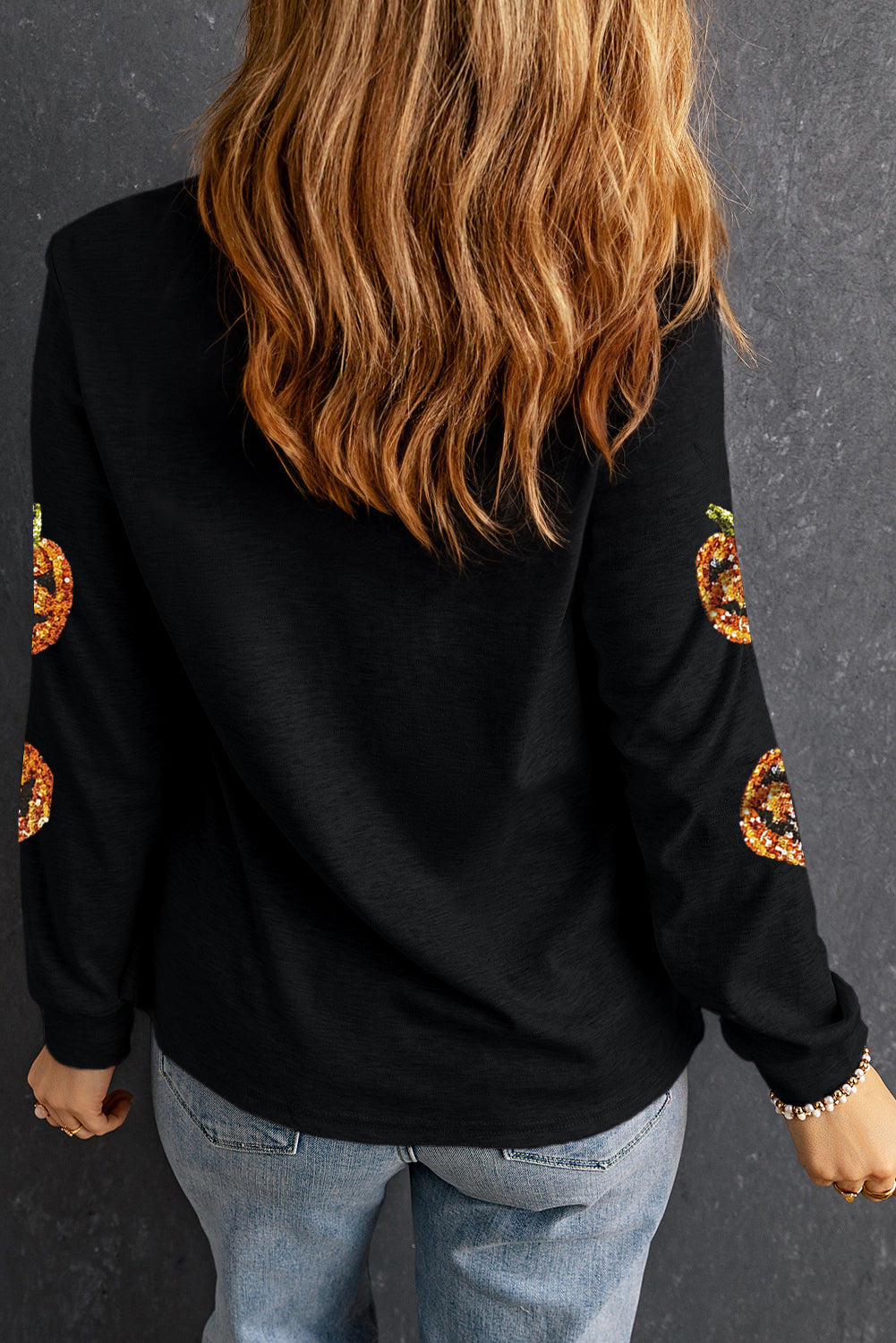 Halloween Sequin Pumpkin Face Pullover Long Sleeve Top