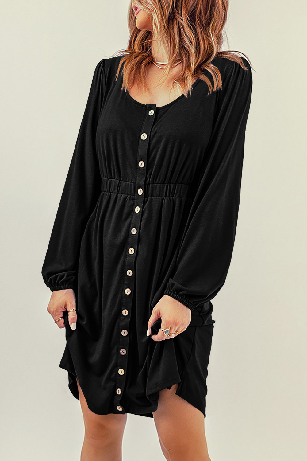 Green Button Up High Waist Long Sleeve Dress