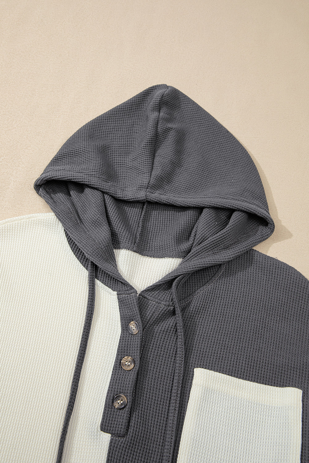 Waffle Colorblock Buttons Placket Drop Shoulder Drawstring Hoodie