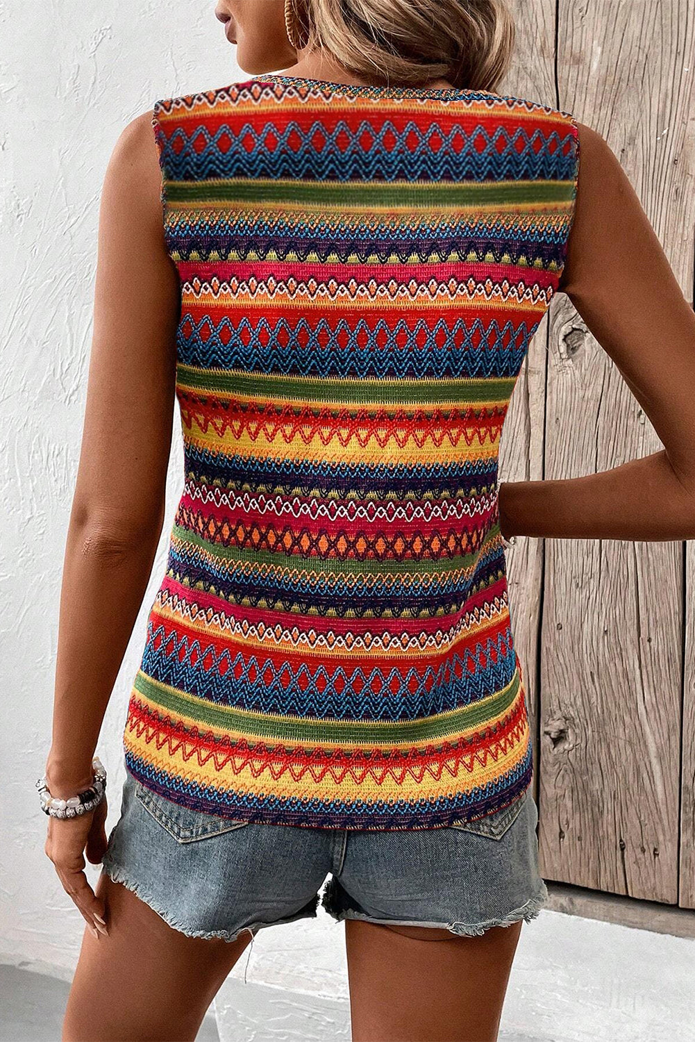 Purple Ethnic Wavy Pattern Round Neck Sleeveless Top