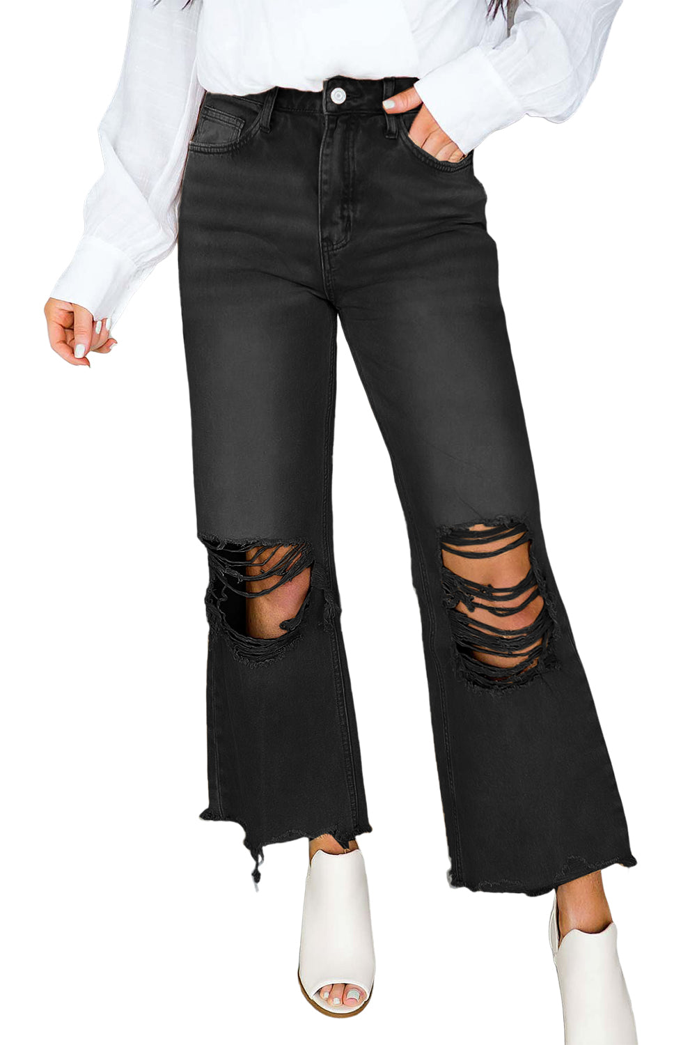 Distressed Hollow-out High Waist Cropped Flare Jeans