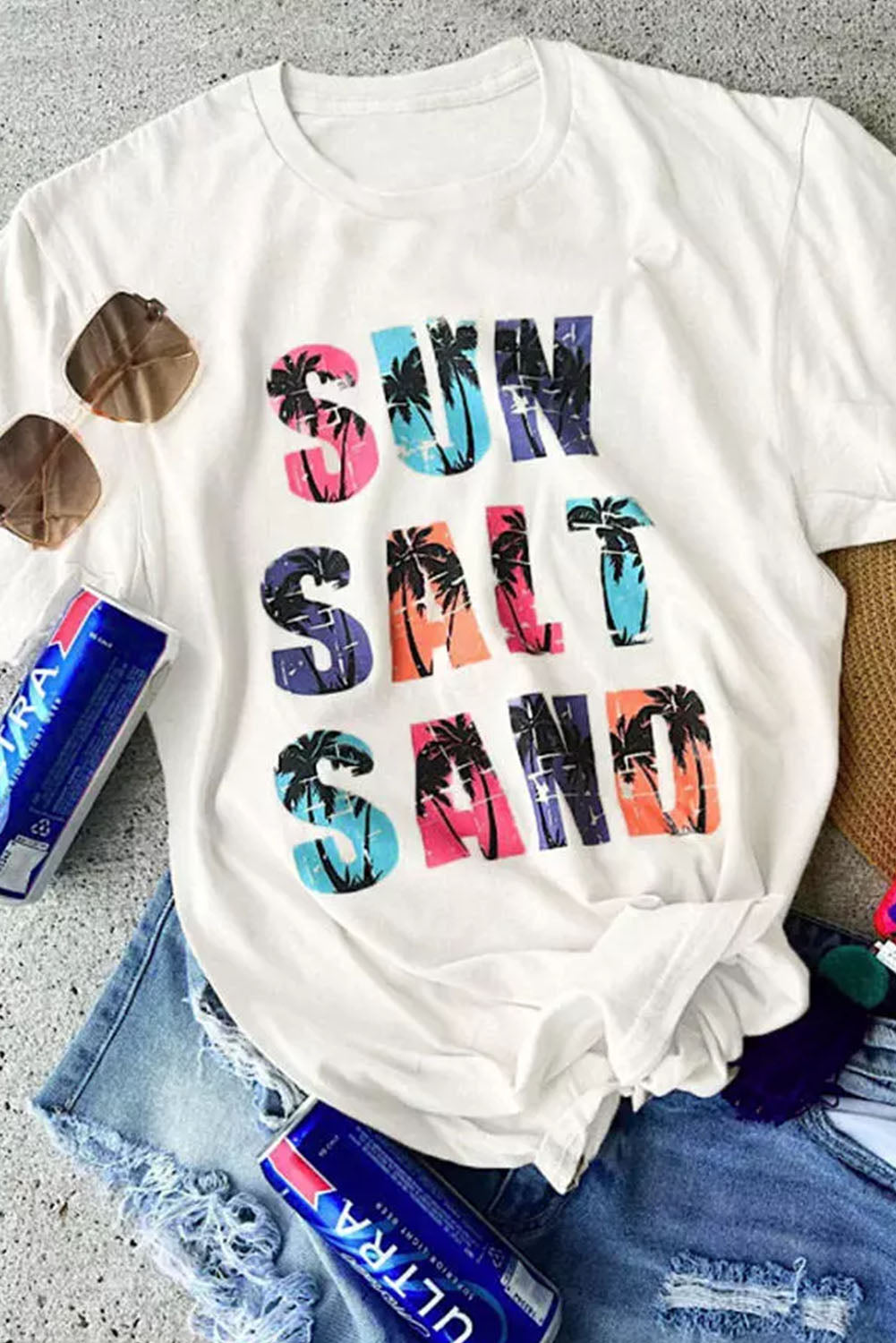 White Coconut Tree SUN SALT SAND Graphic Tee