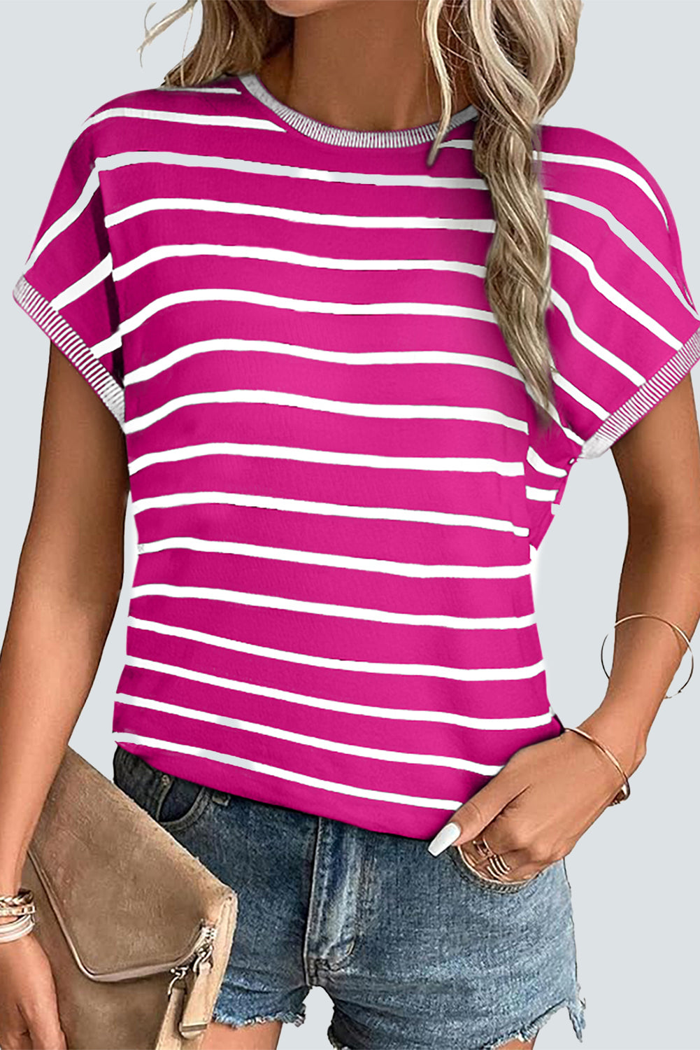 Striped Knitted Bat Sleeve T Shirt