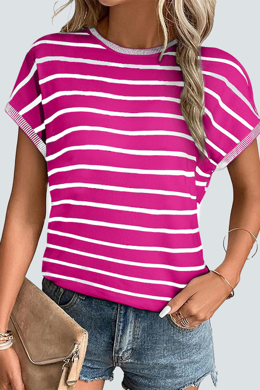 Striped Knitted Bat Sleeve T Shirt