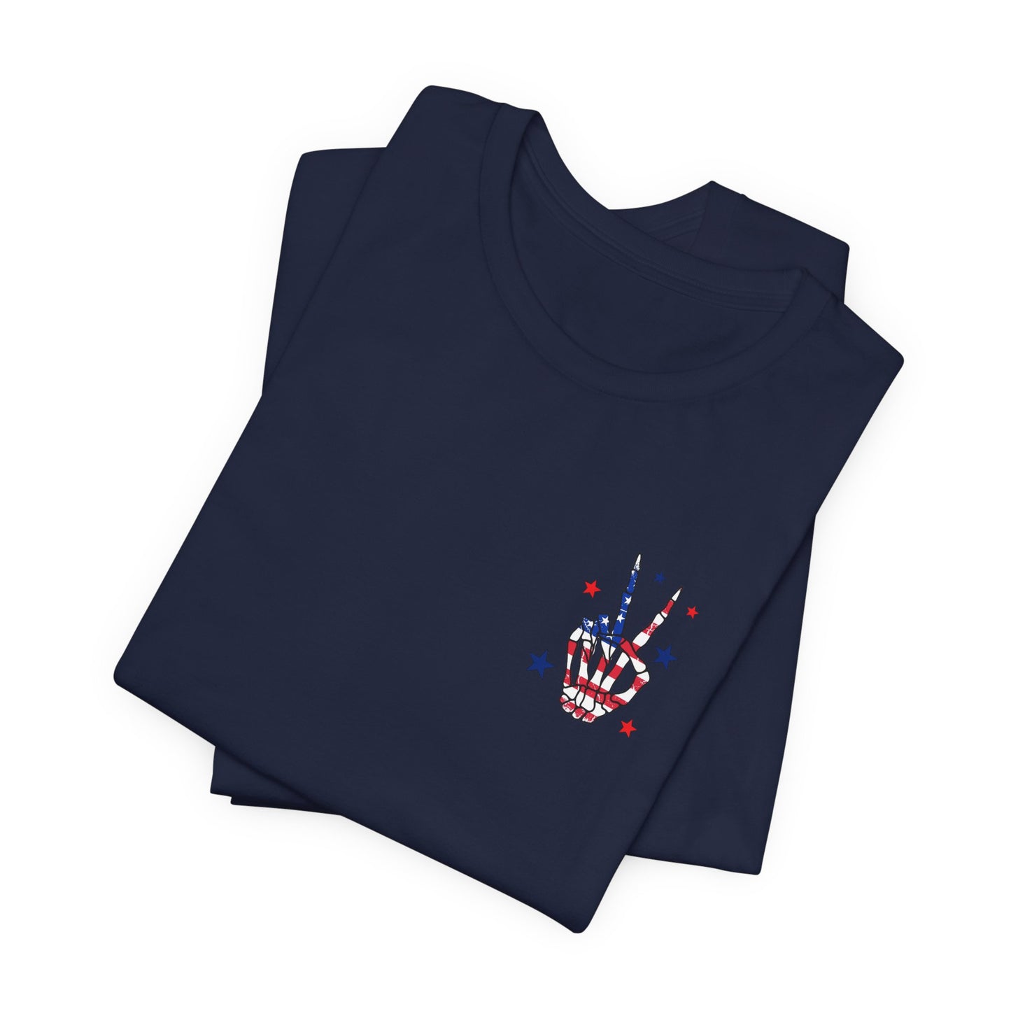 Patriotic Skeleton Peace Hand (Front & Back) Unisex Jersey Short Sleeve Tee