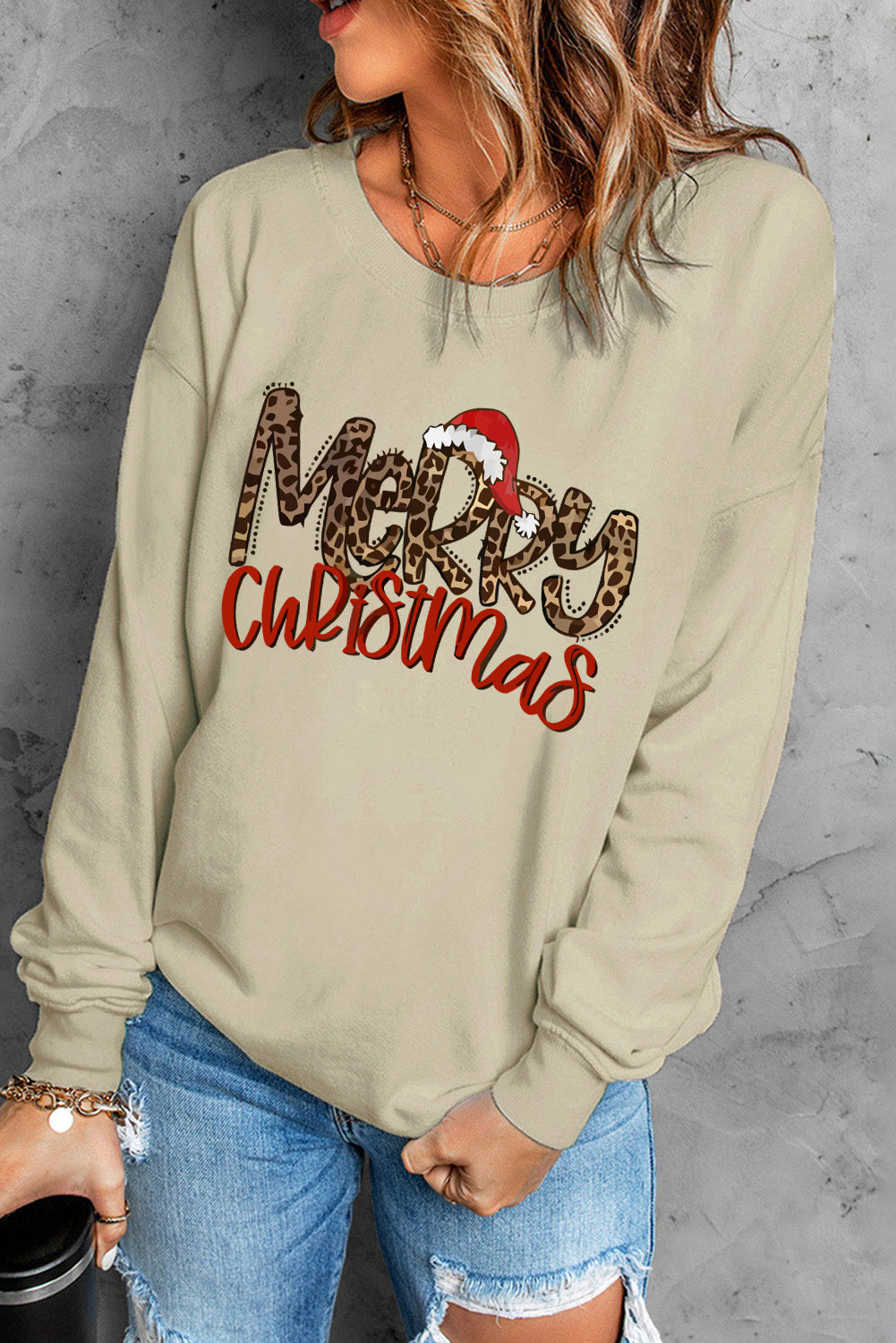 Merry Christmas Hat Leopard Print Graphic Sweatshirt