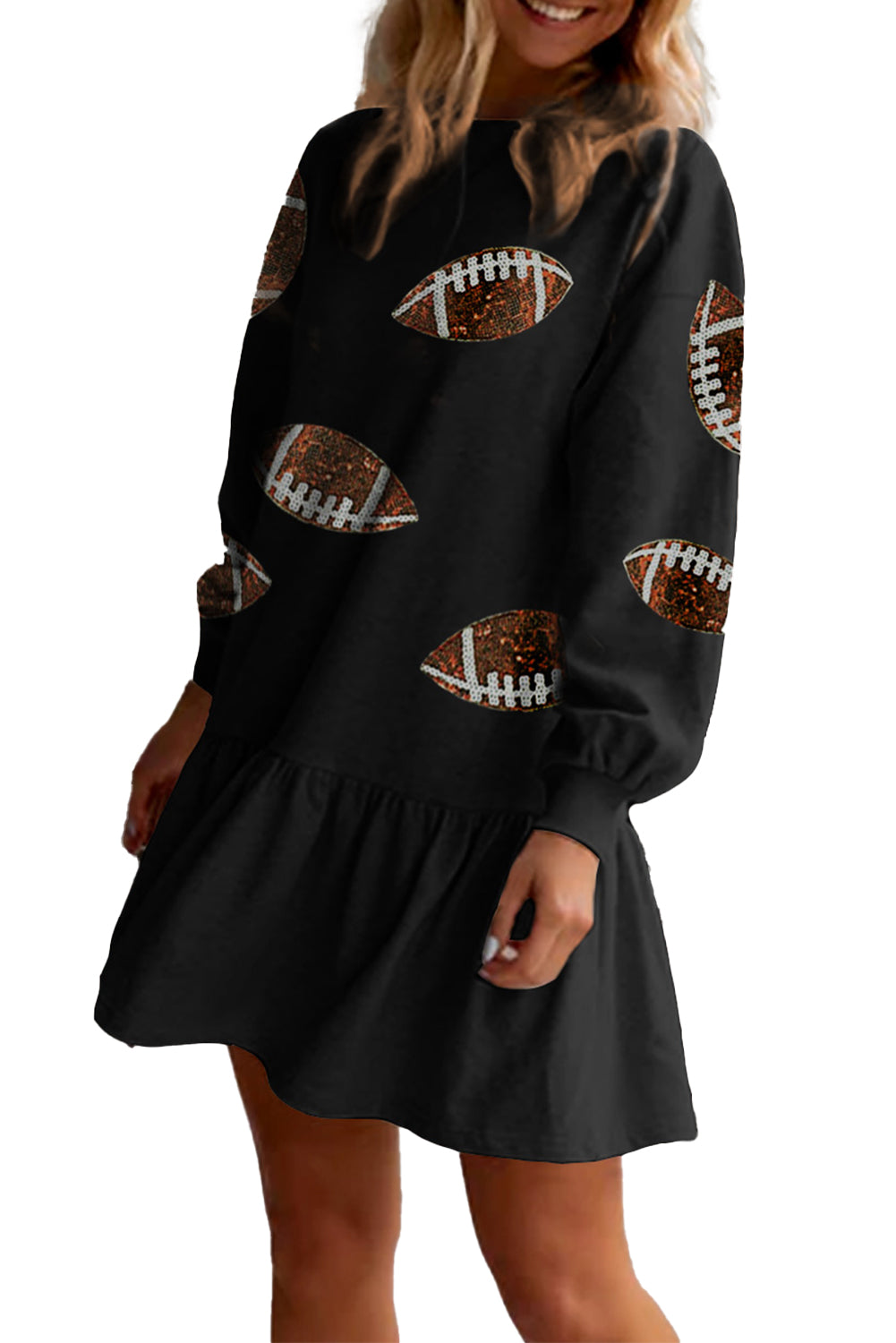 Black Game Day Sequin Football Pattern Ruffled Short Dress