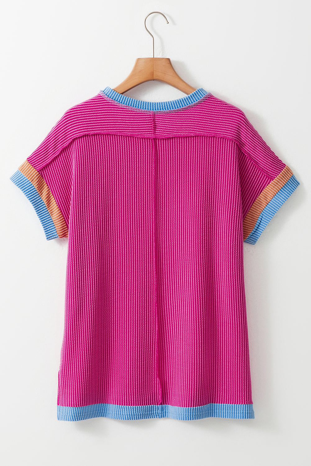 Light Pink Textured Contrast Trim Round Neck T Shirt