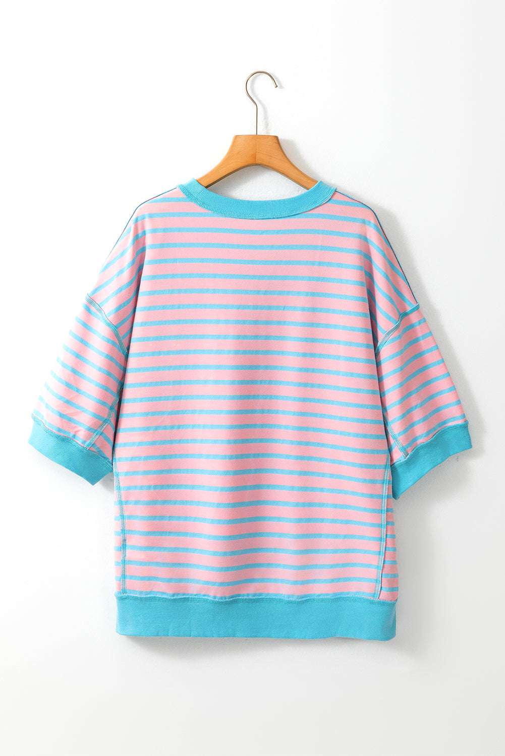 Sky Blue Stripe Oversized Contrast Trim Exposed Seam High Low T Shirt