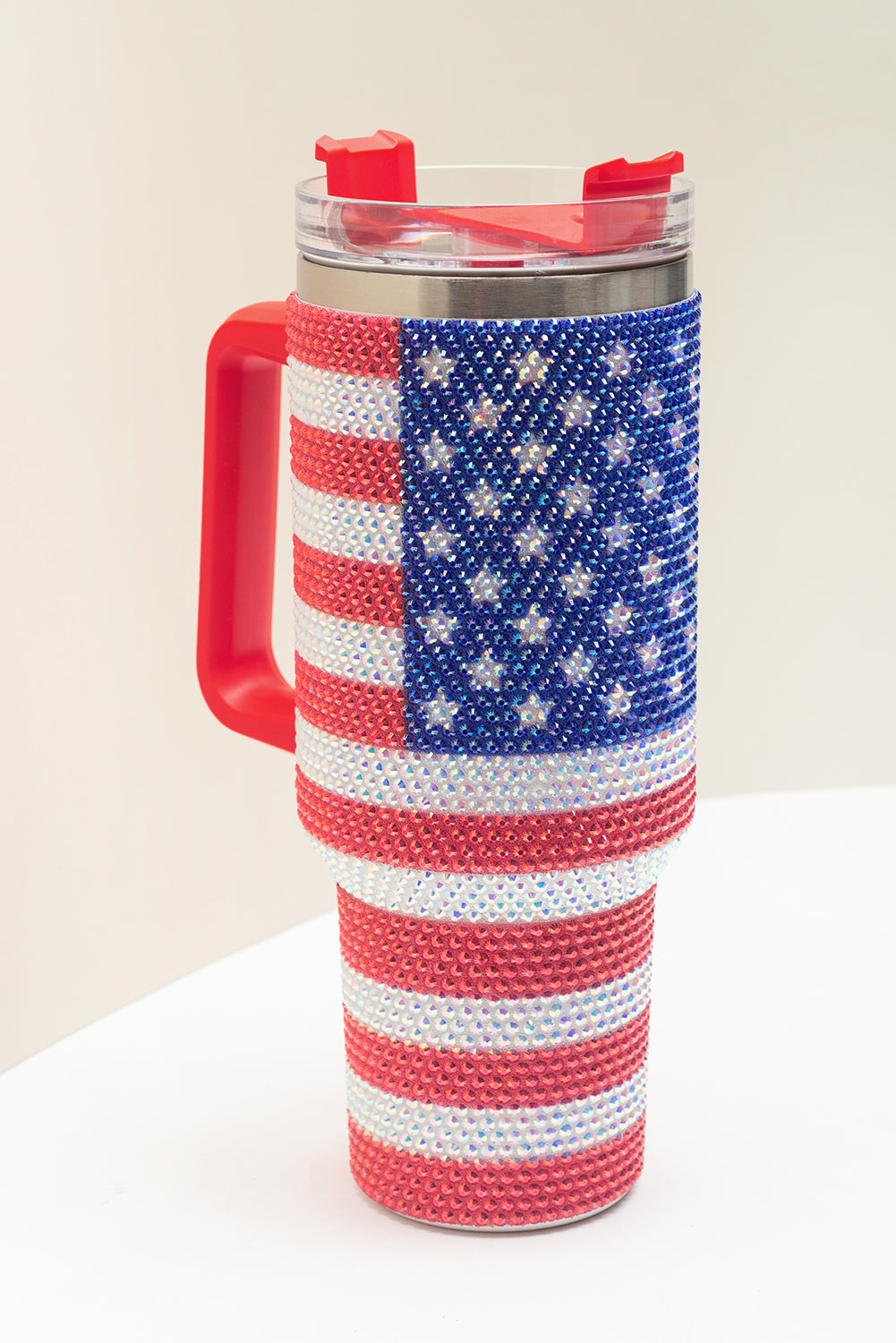 Rhinestone American Flag Print Handled 40oz Thermos Tumbler