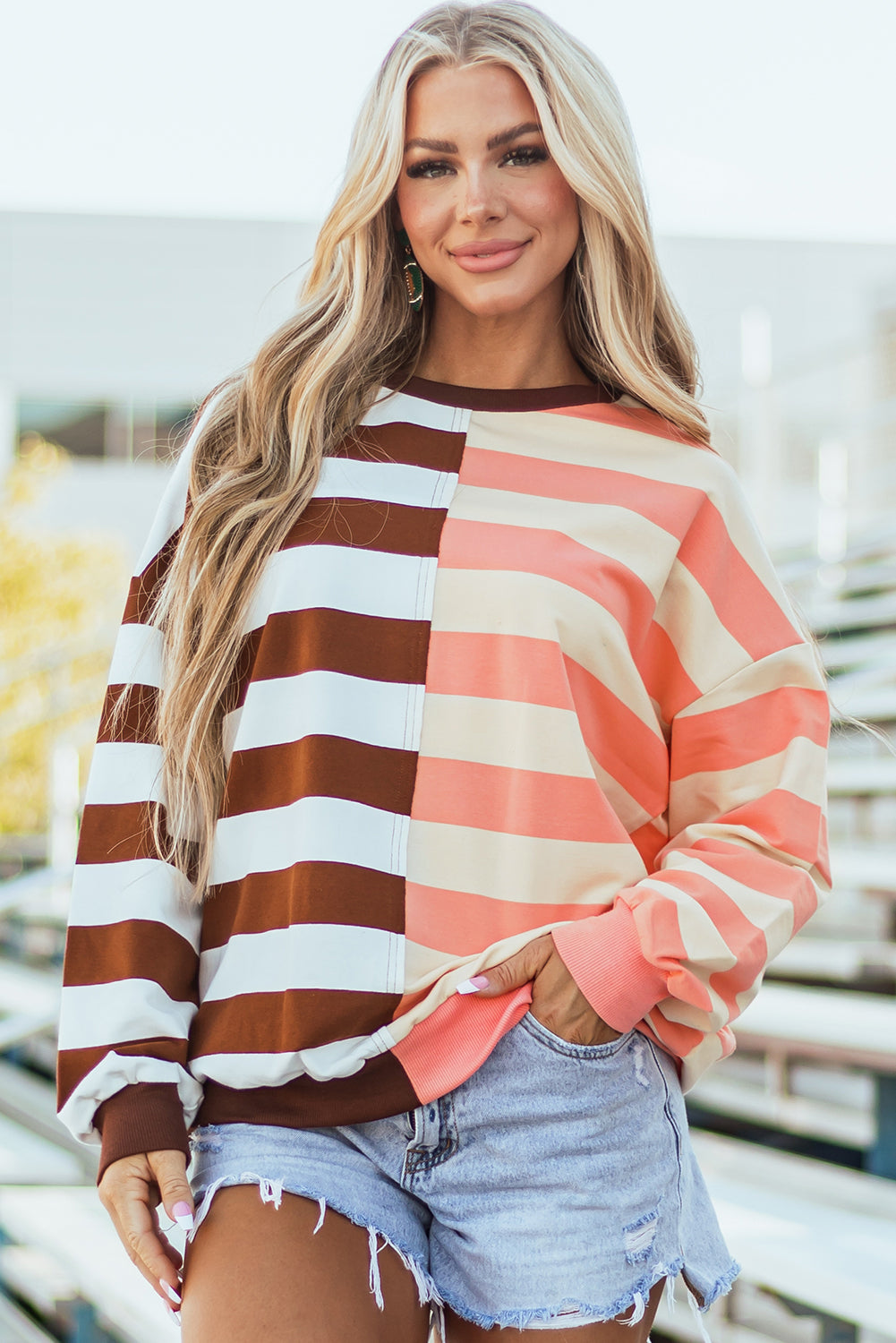 Stripe Color Block Drop Shoulder Pullover Sweatshirt