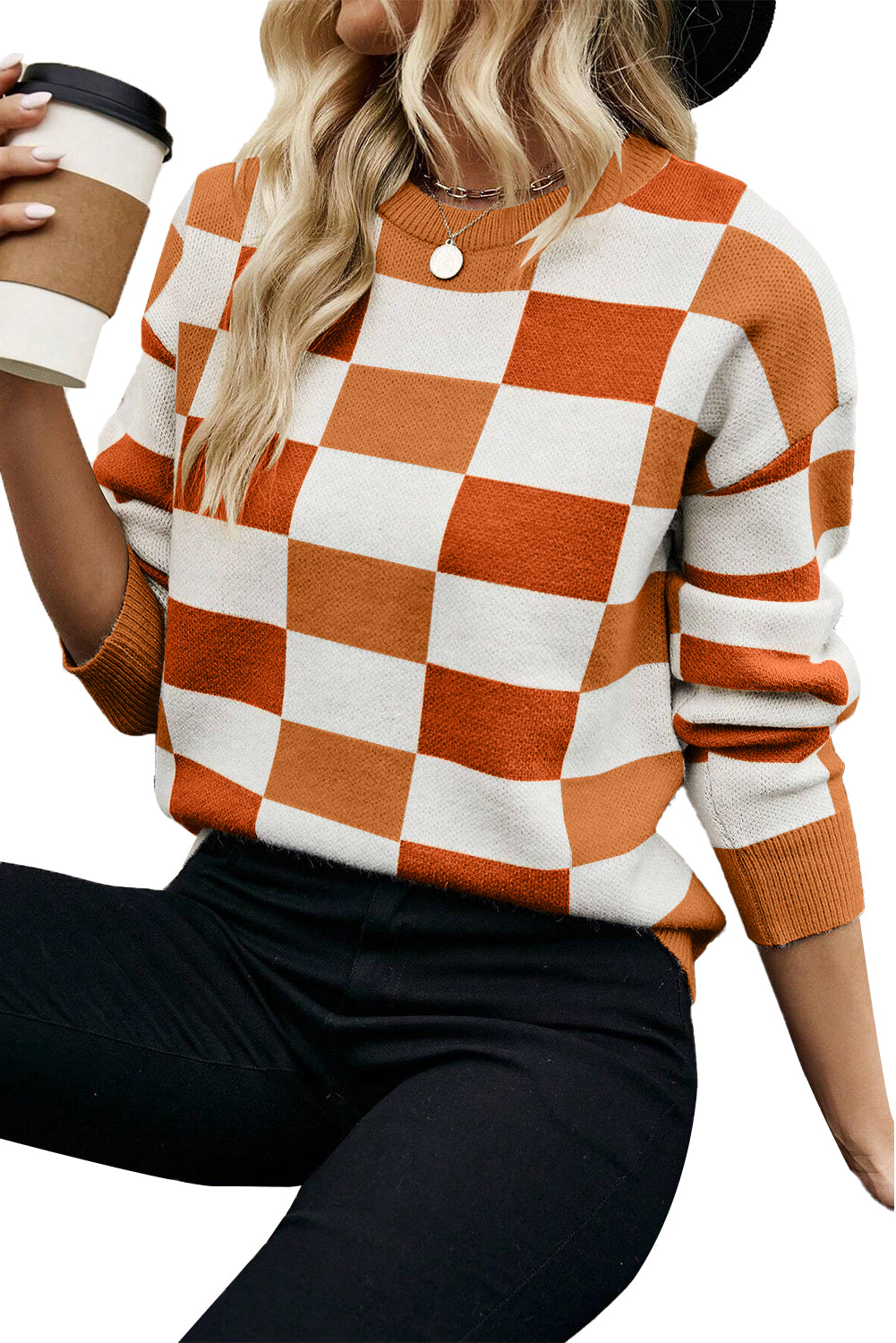 Checkered Ribbed Edge O Neck Drop Shoulder Sweater