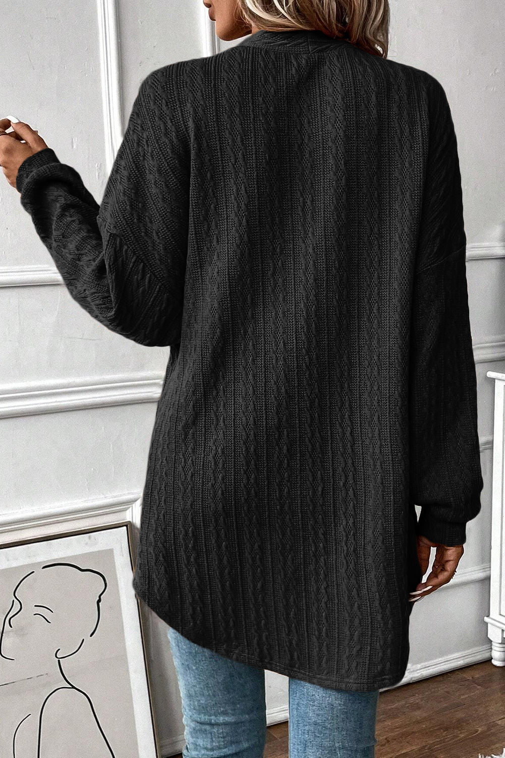 Textured Knit Side Pockets Open Front Cardigan