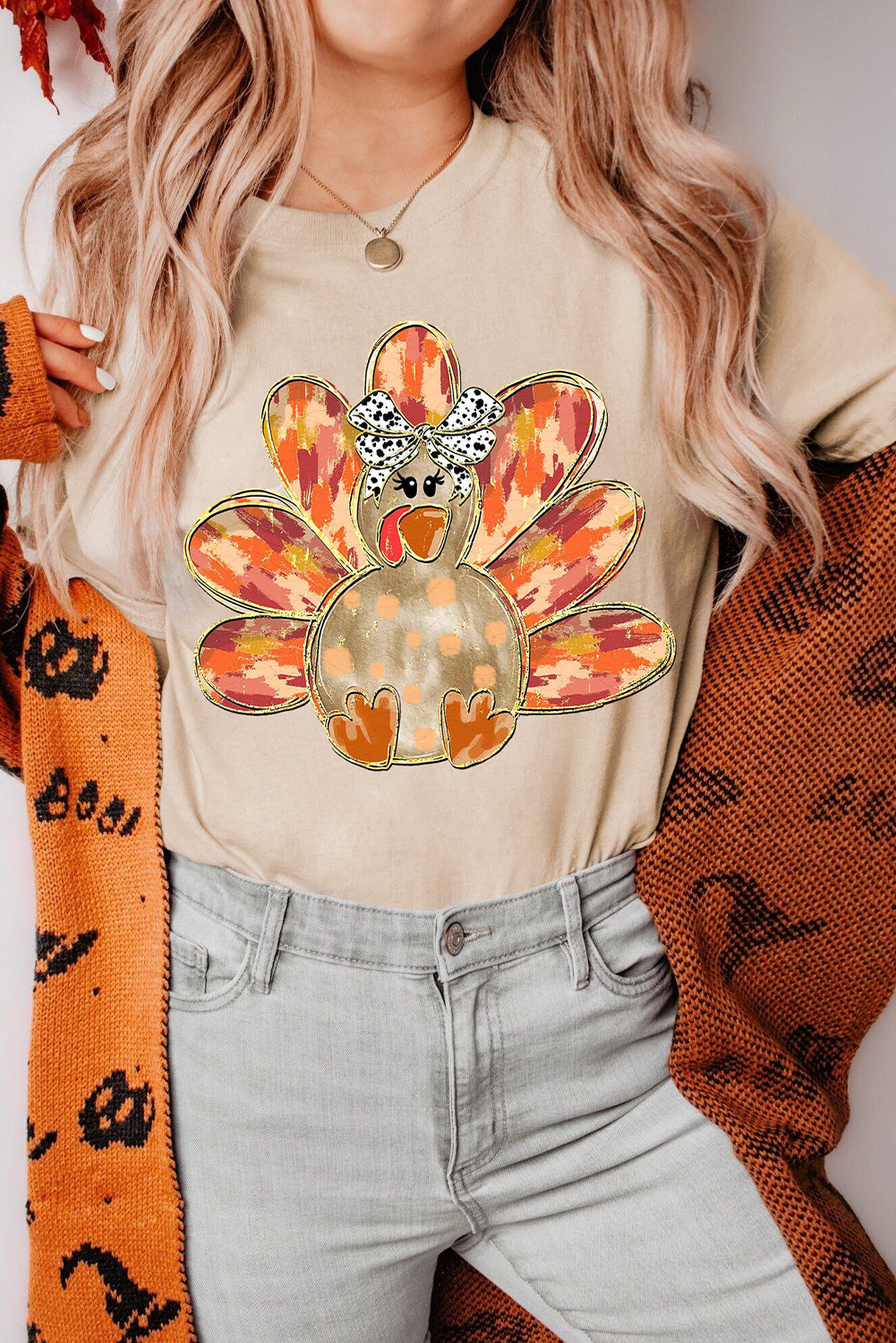 Thanksgiving Bowknot Turkey Graphic Crewneck Tee