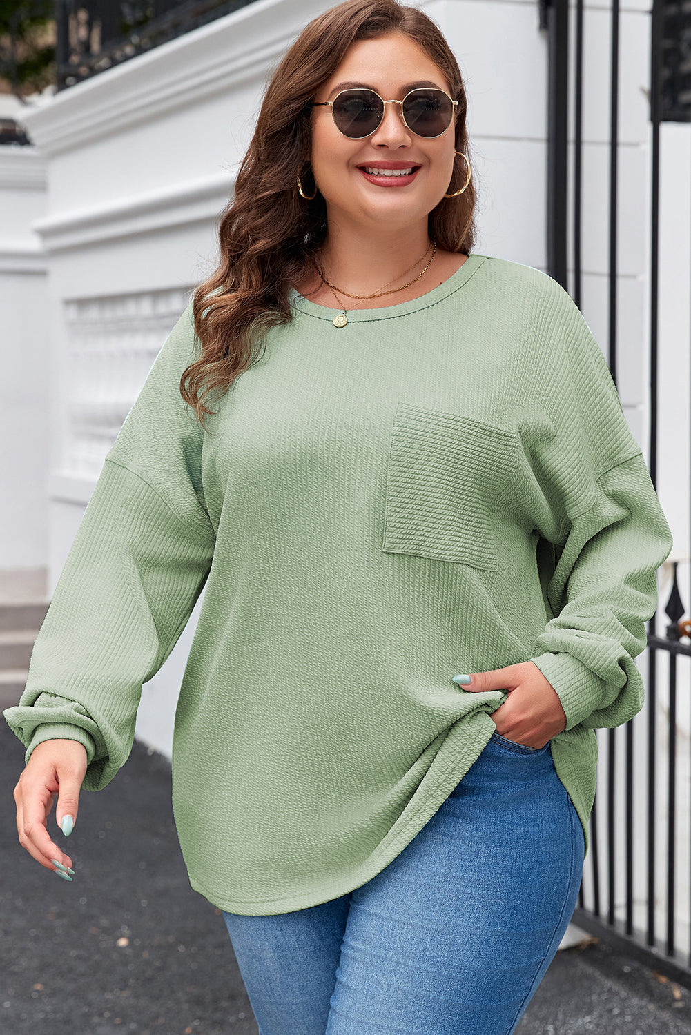 Plus Size Corded Knit Pocketed Crew Neck Top