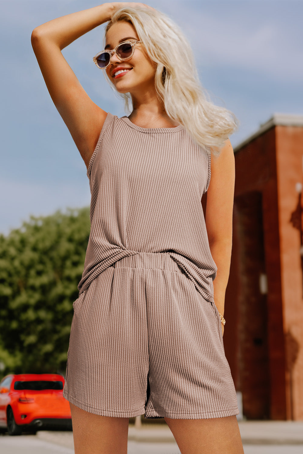 Medium Grey Corded Sleeveless Top and Pocketed Shorts Set