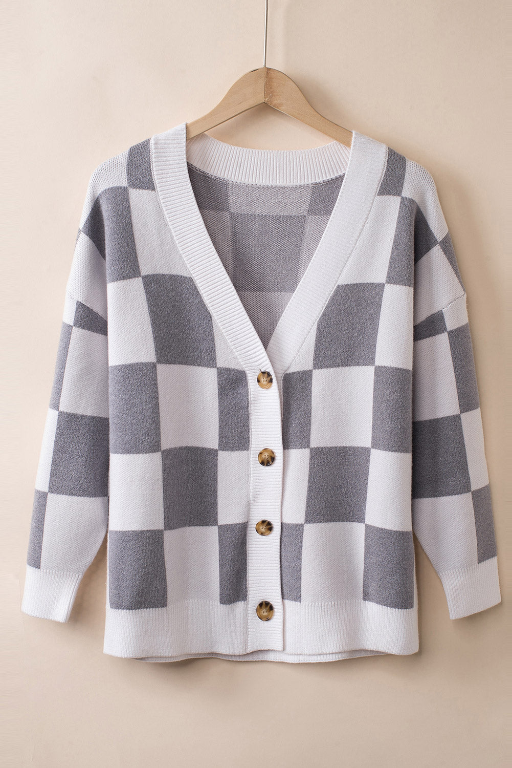 Checkered Print Button Up Sweater Cardigan