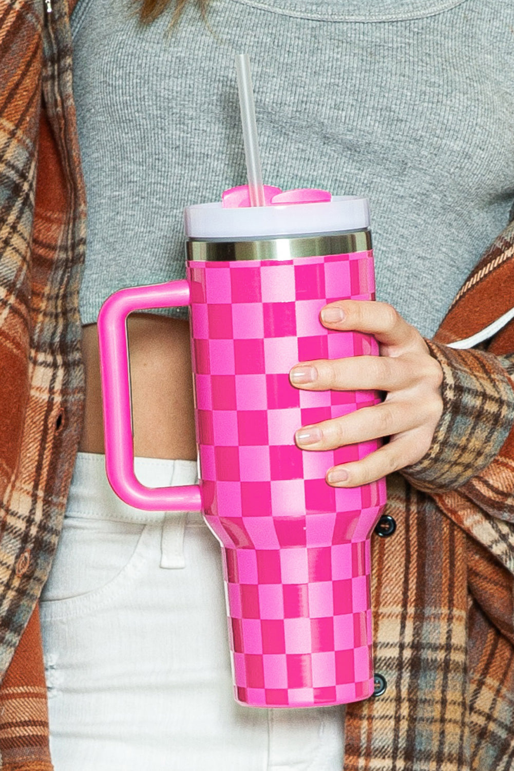 Bright Pink Checkered Print Handled Stainless Steel Tumbler Cup 40oz