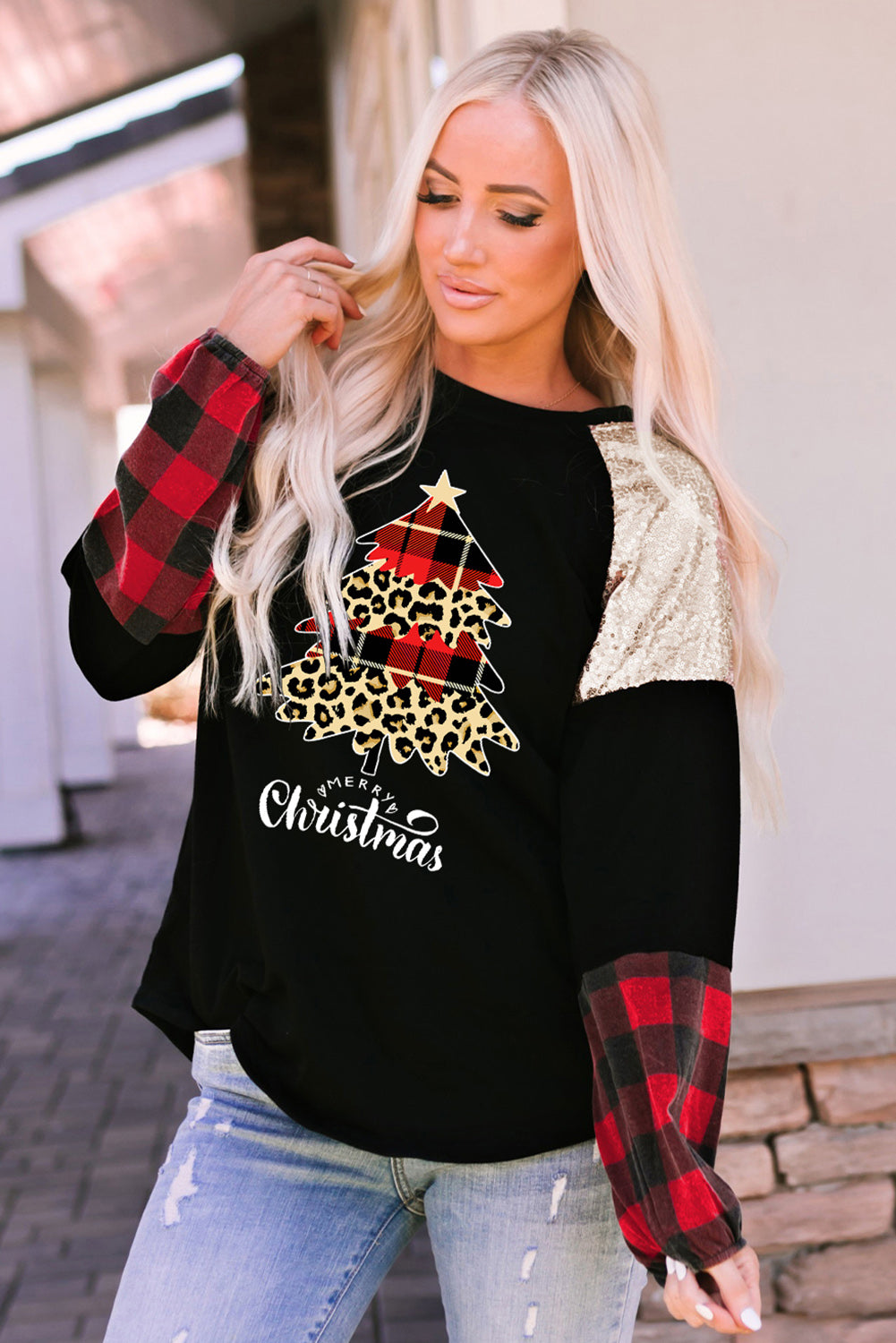 Christmas Tree Plaid Print Sequin Patch T Shirt