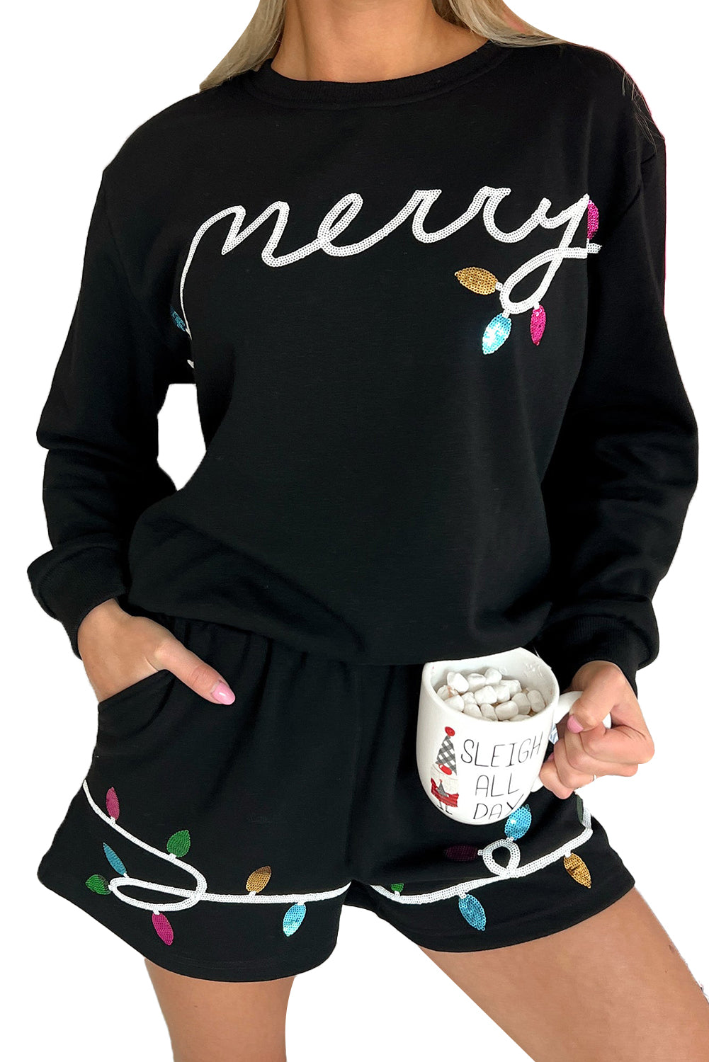 Sequin Merry Graphic Pullover and Shorts Outfit