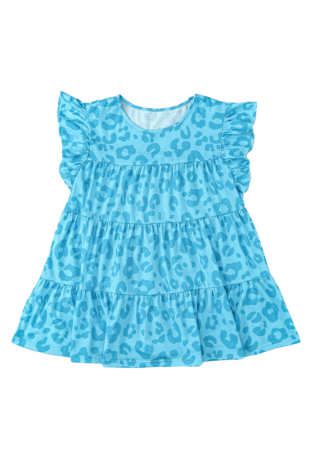 Sky Blue Leopard Print Flutter Sleeve Tiered Tank Top