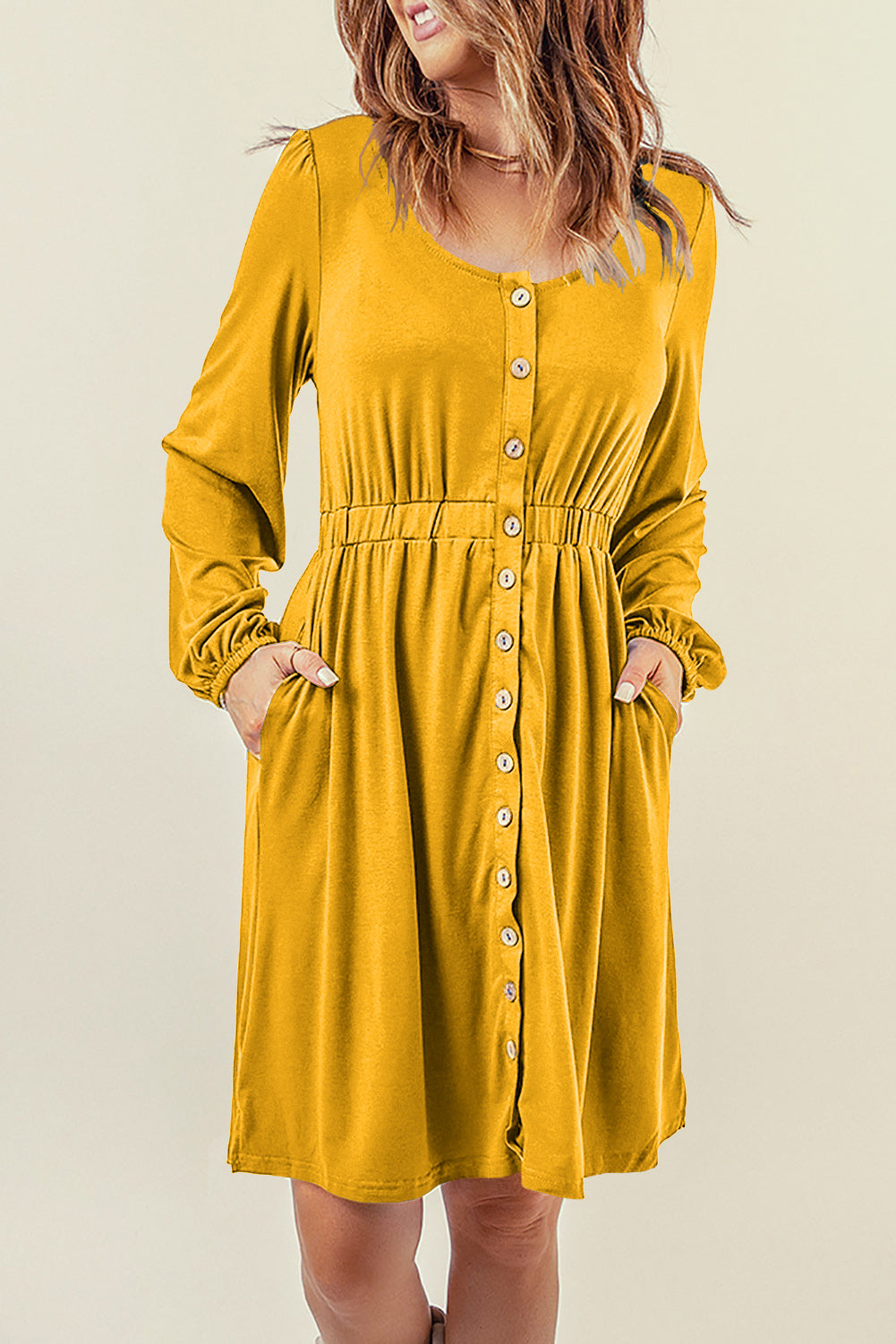 Green Button Up High Waist Long Sleeve Dress