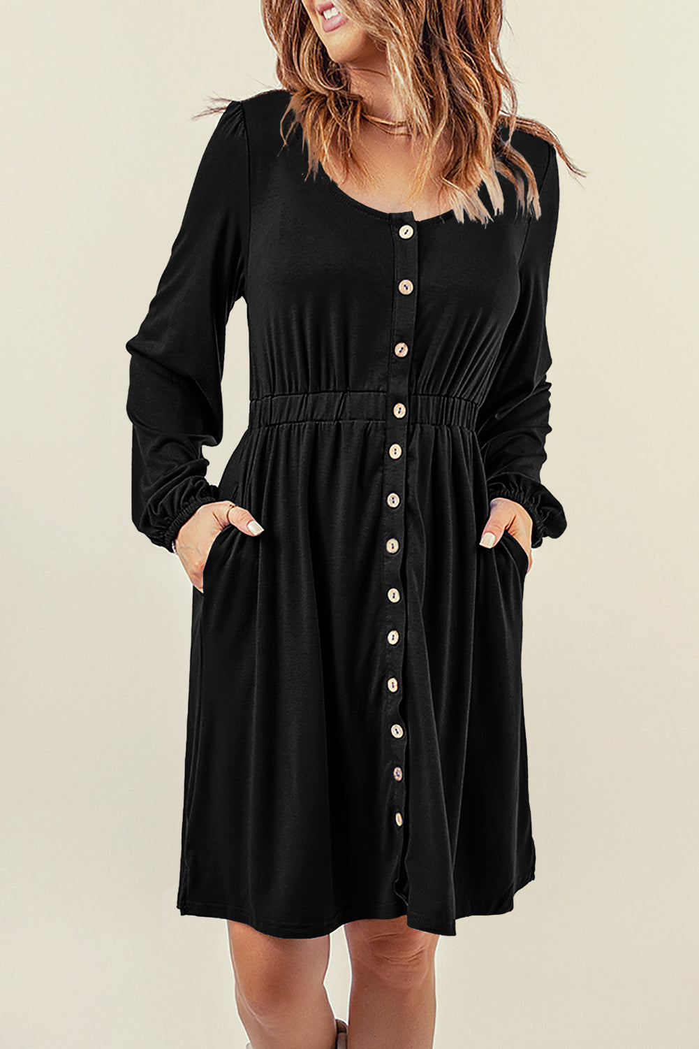 Green Button Up High Waist Long Sleeve Dress